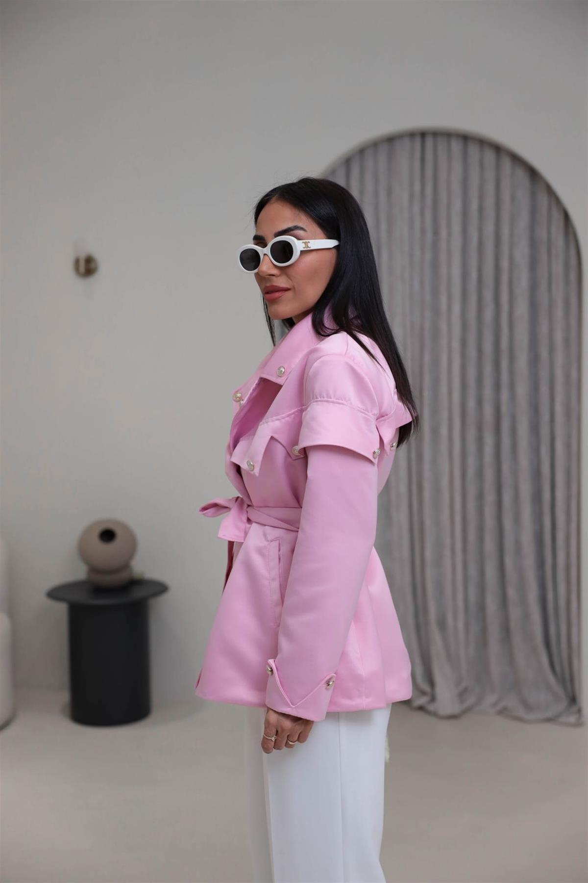 302 Gold Düğmeli Kuşaklı Saten Ceket PEMBE