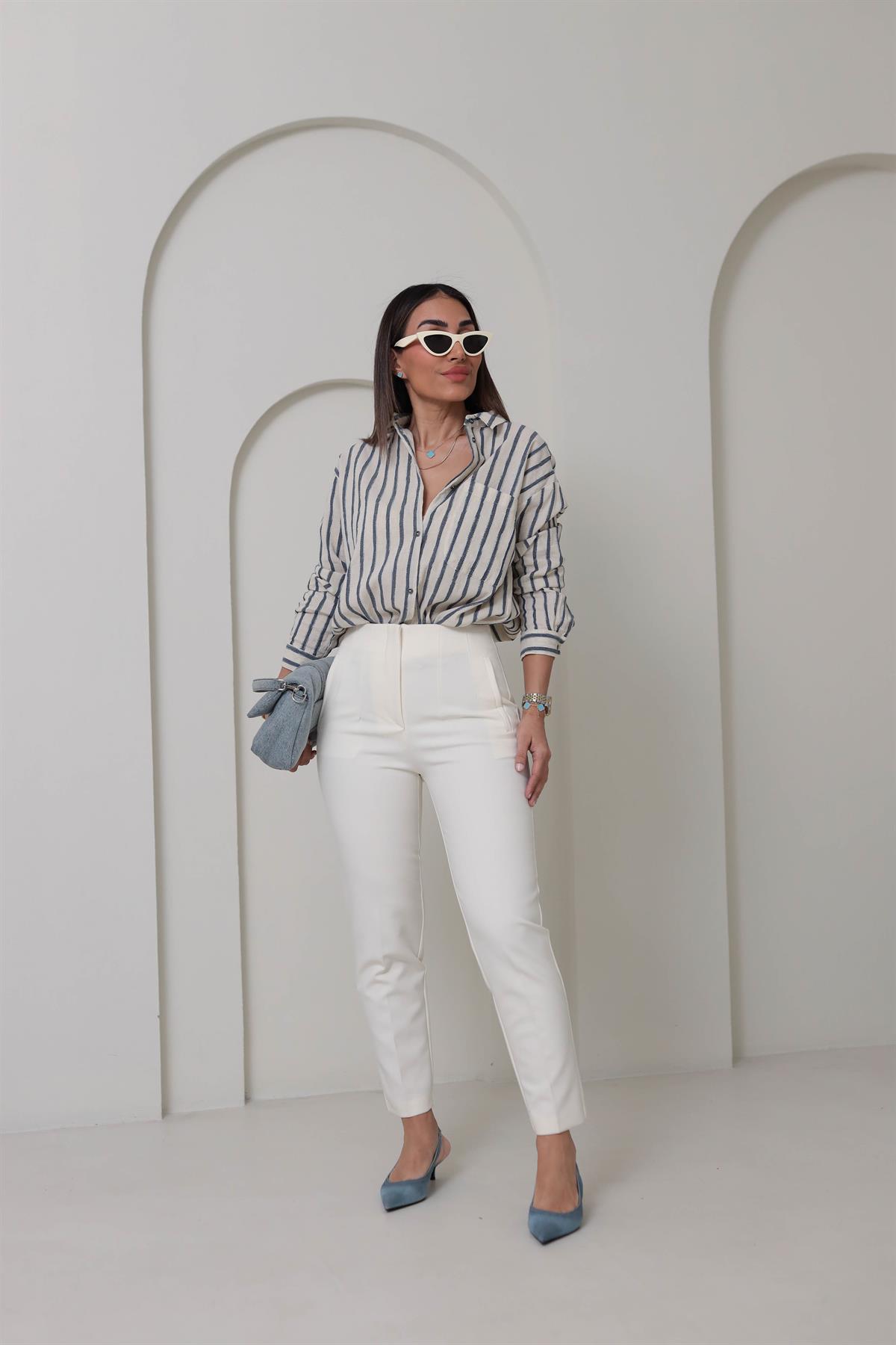 4373 Cep Detaylı Çizgili Keten Gömlek TAŞ MAVİ