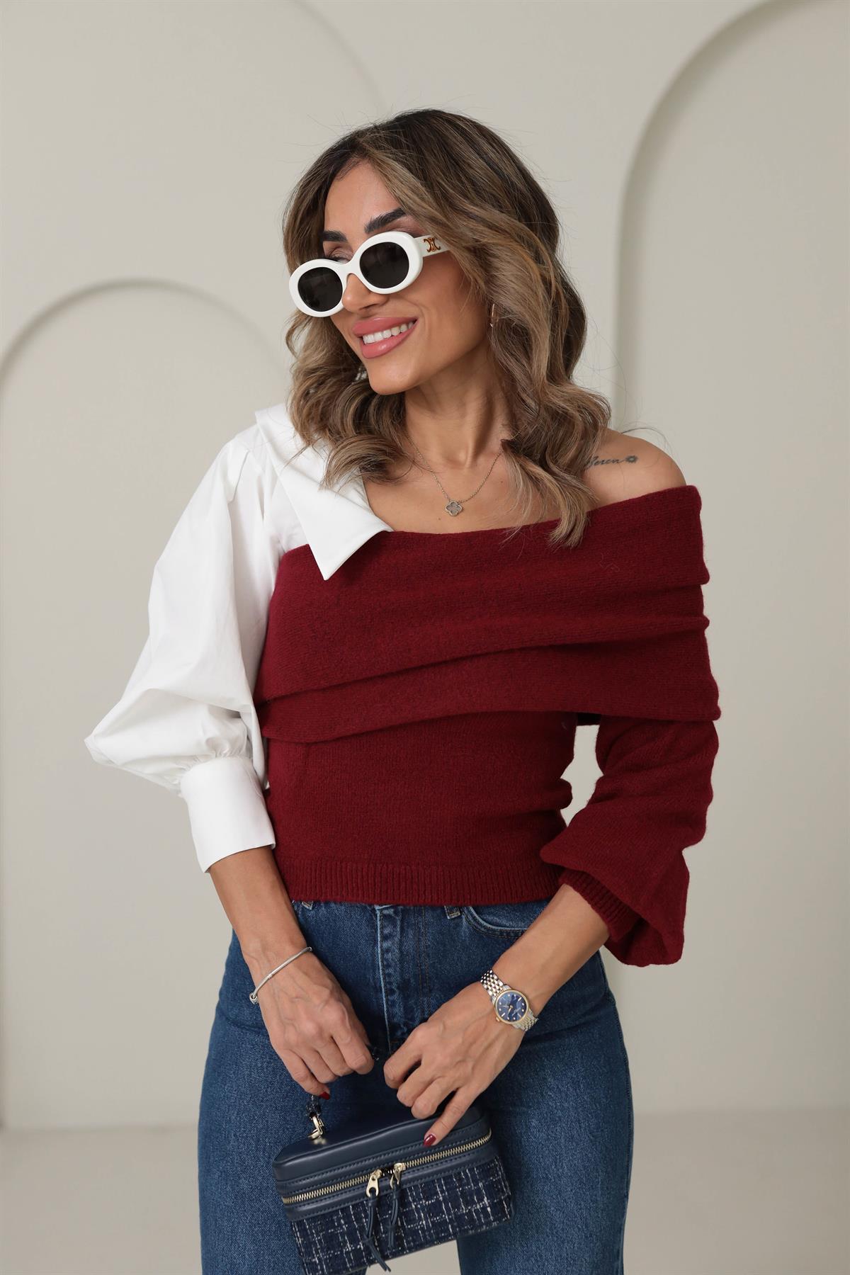 4256 Gömlek Garnili Triko Bluz BORDO