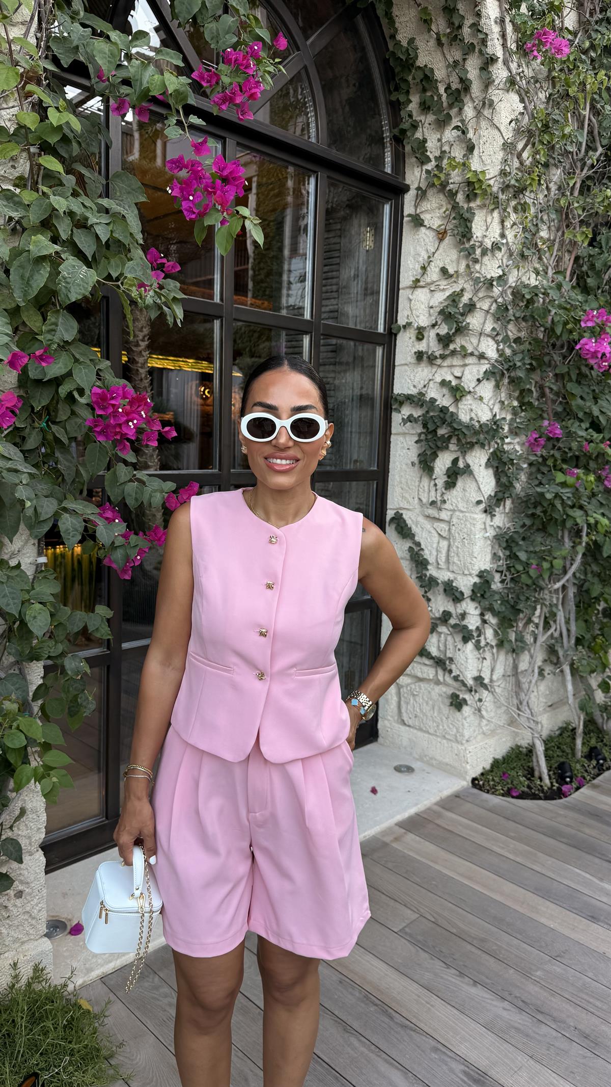 0292 Gold Düğmeli Yelek & Şort Takım PEMBE