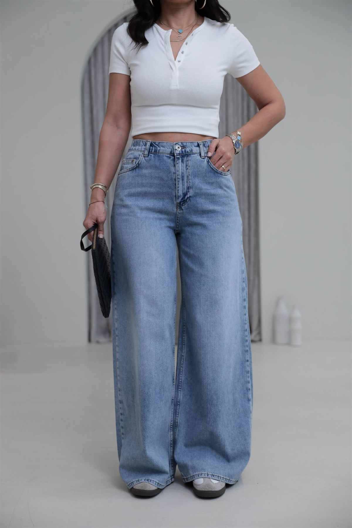 6716 Wide Loose Bel Lastikli Tencel Kumaş Jean AÇIK MAVİ