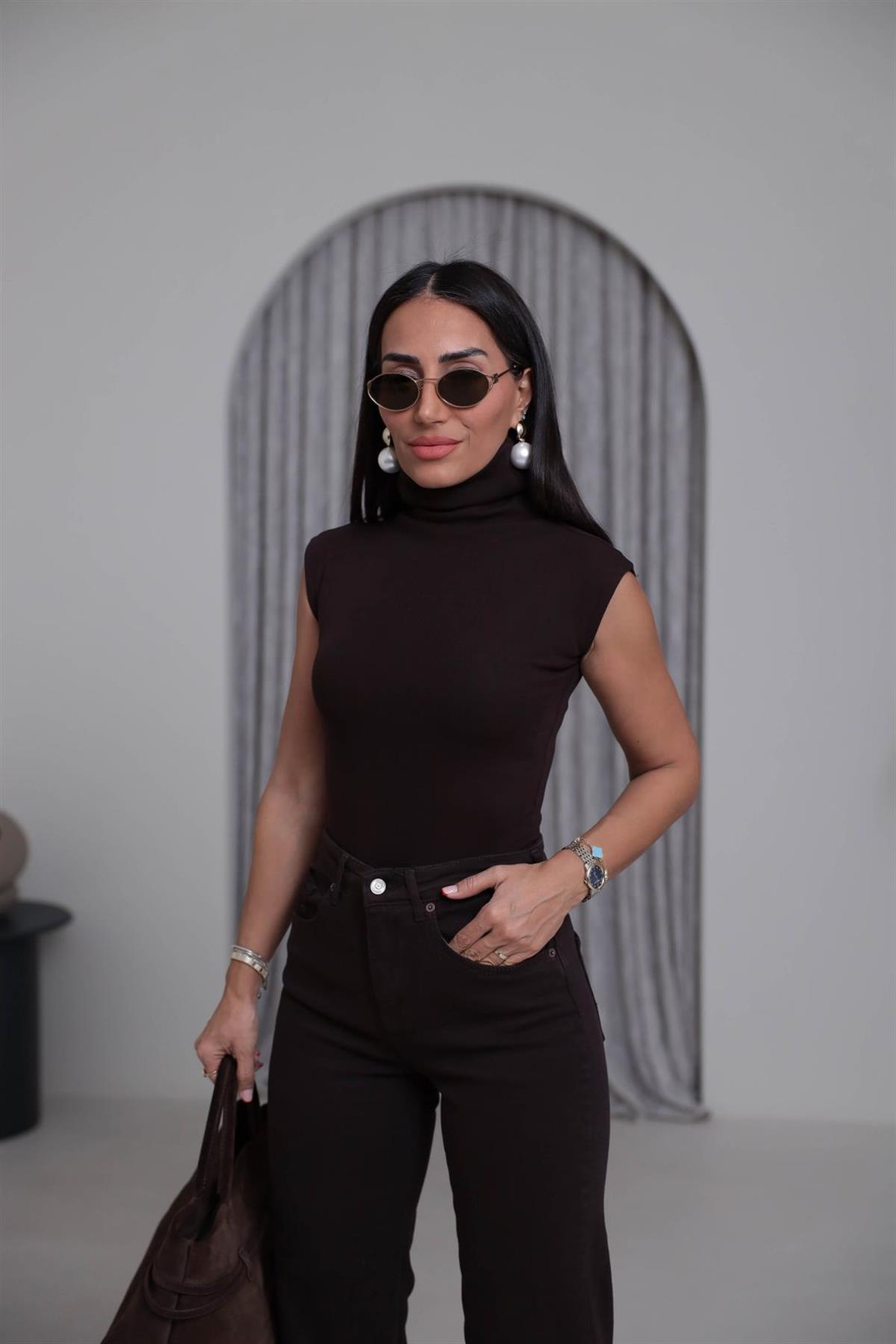 1020 Balıkçı Yaka Sıfır Kol Çıtçıtlı Bodysuit ACI KAHVE