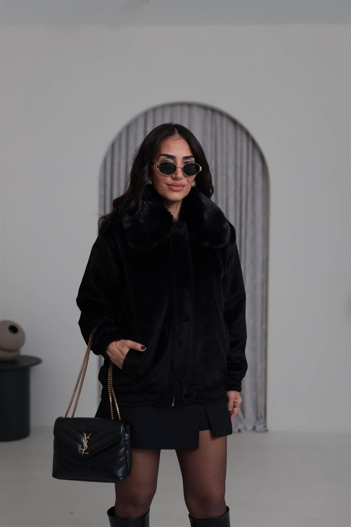 0099 Yaka Kürklü Alpaka Kaban SİYAH