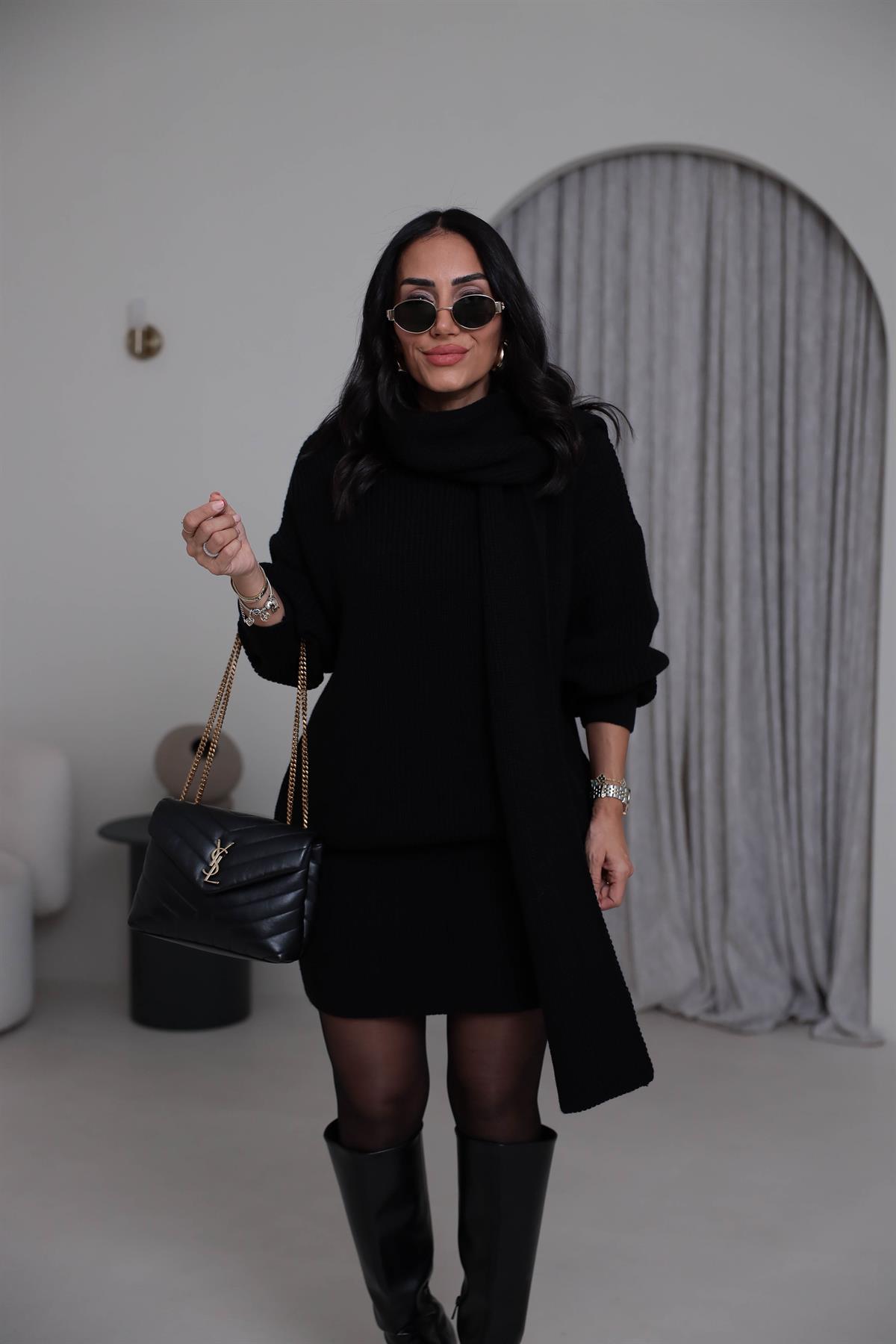 2581 Bisiklet Yaka Şal Detaylı Örgü Etek Takım SİYAH