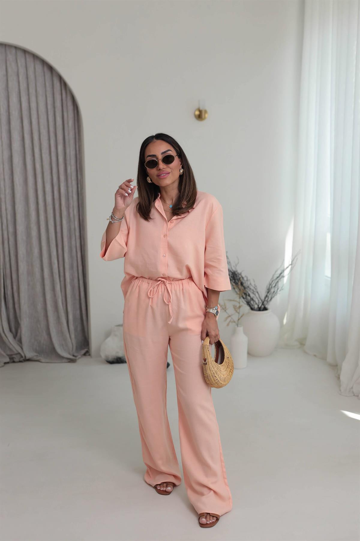 0390 Yarım Kol Gömlekli Pantolonlu Keten Takım YAVRUAĞZI