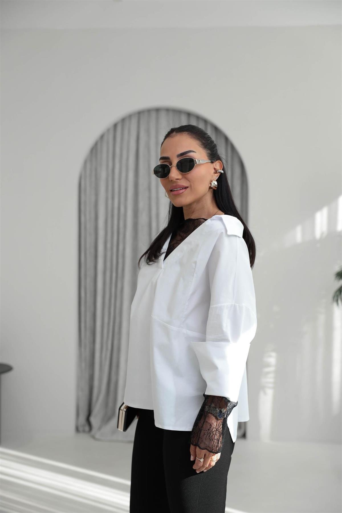 0826 Dantel Detaylı Tasarım Gömlek BEYAZ