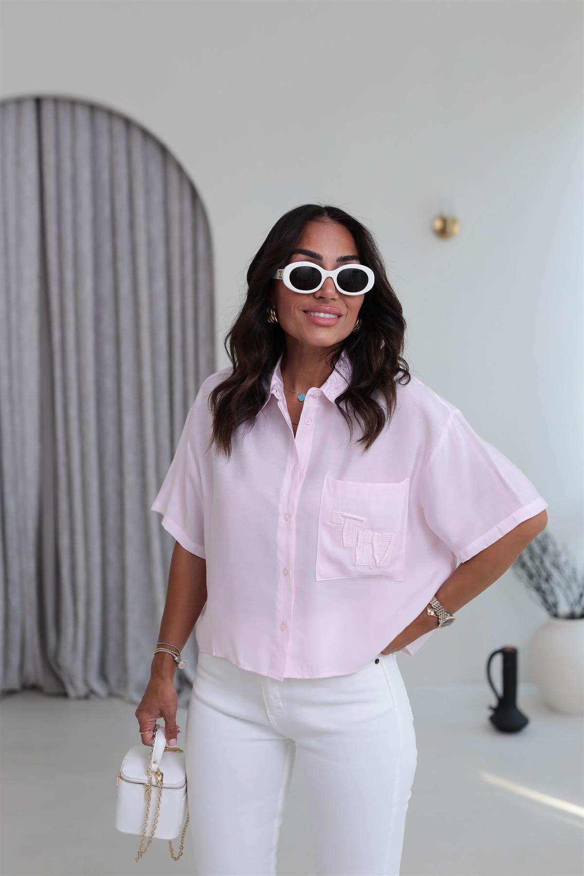 1261 Cep Nakış İşlemeli Tencel Kısa Kol Gömlek PEMBE