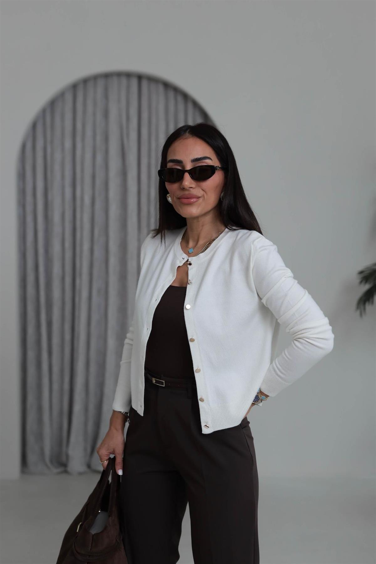 587 Gold Düğme Detaylı İnce Triko Hırka EKRU