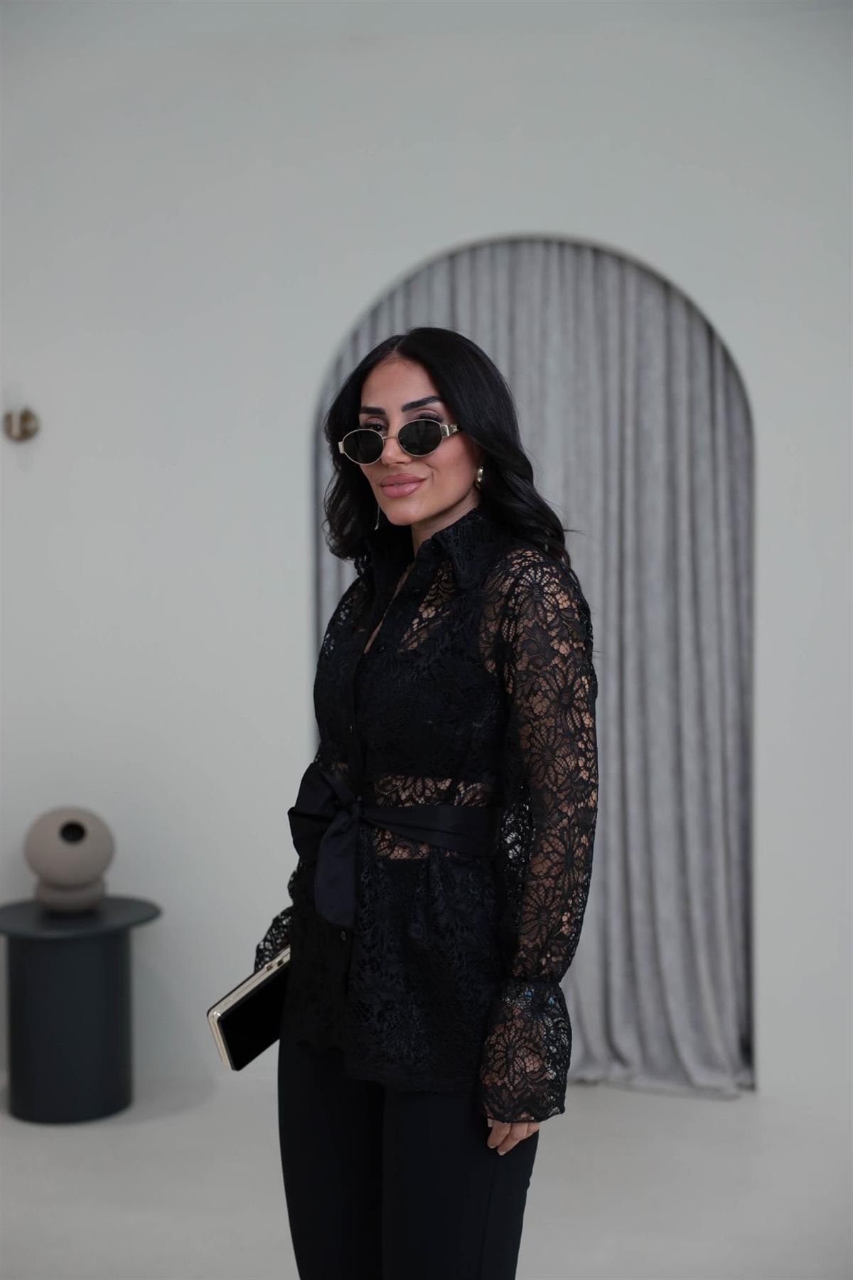 3152 Kuşaklı Dantel Gömlek SİYAH