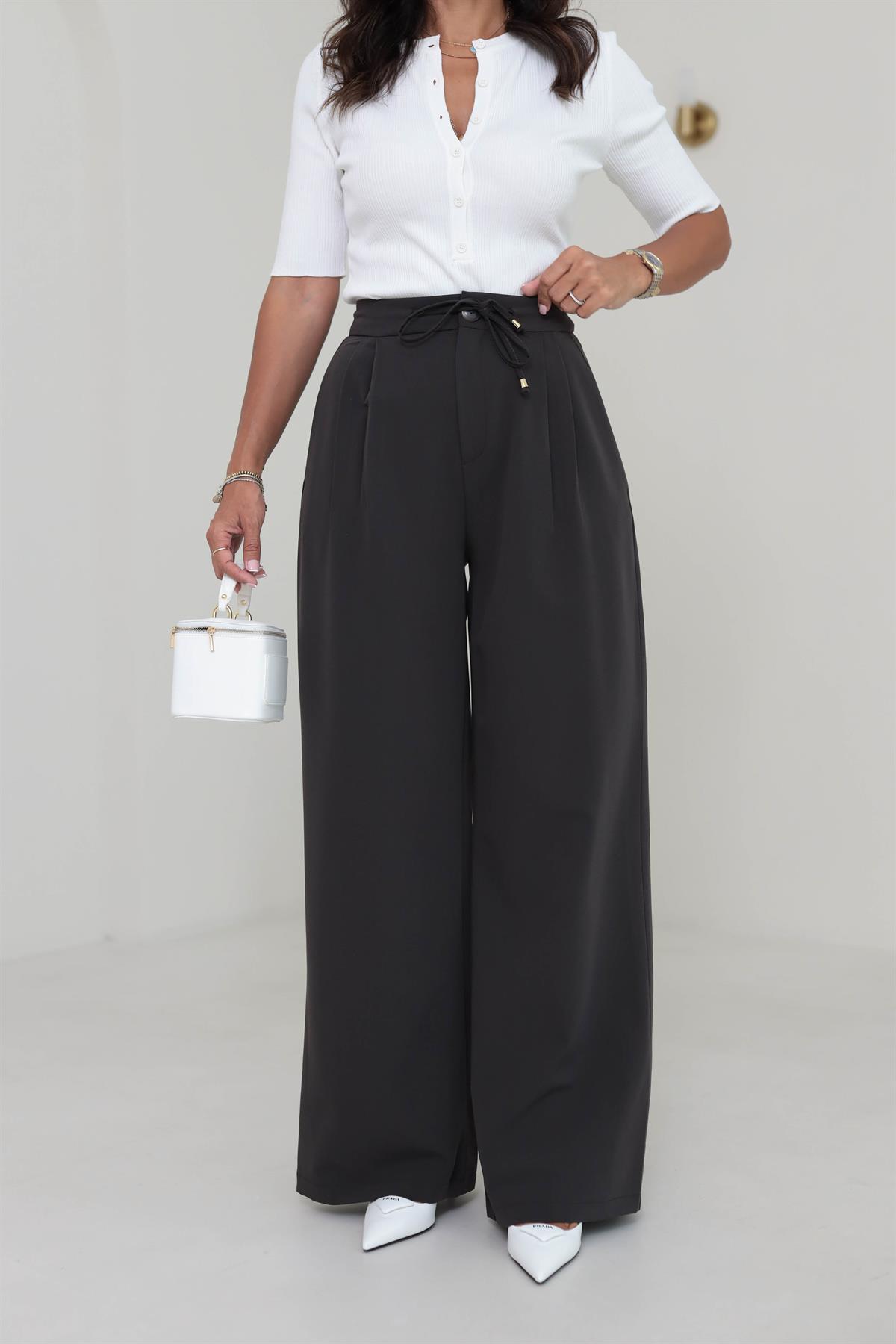 1212 Bağcık Detay Pileli Palazzo Pantolon KOYU KAHVE