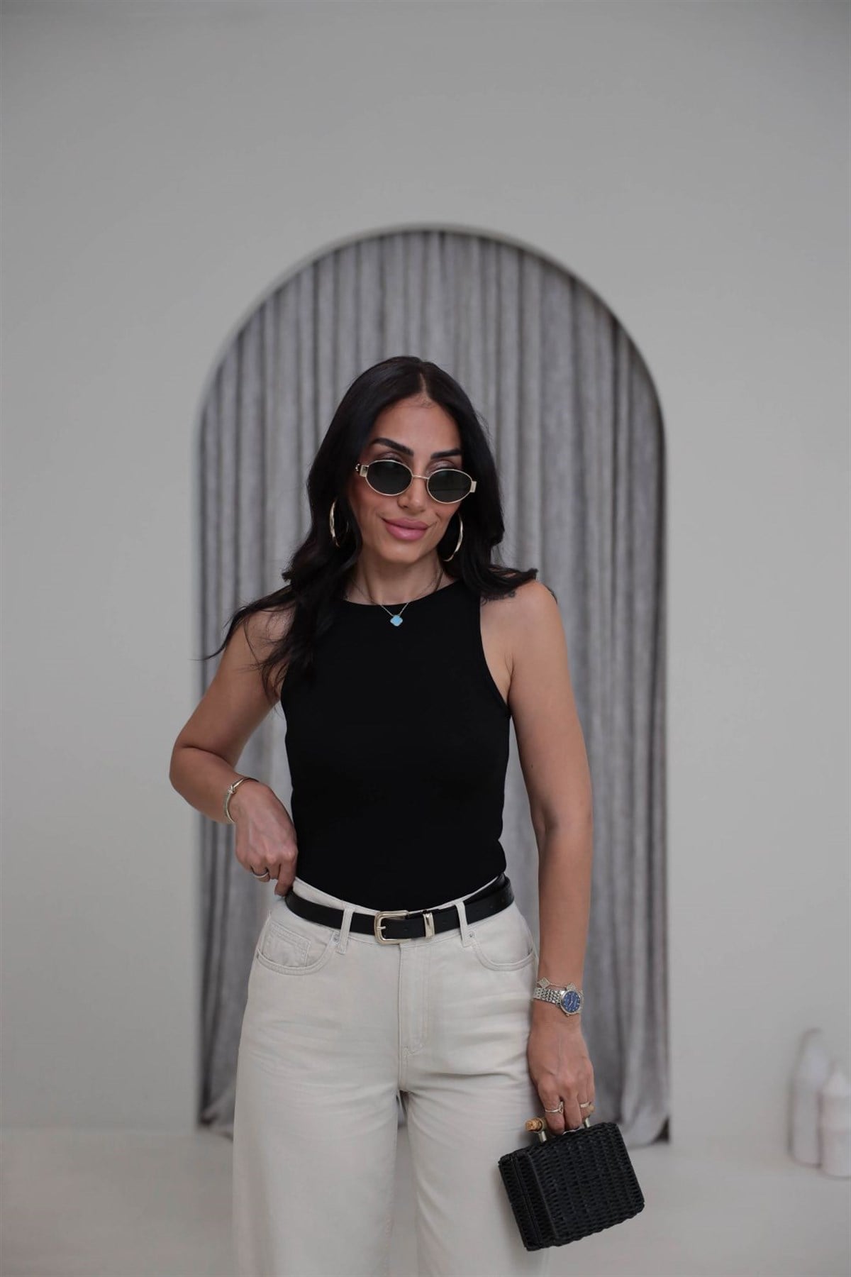 1048 Halter Yaka Likralı Bluz SİYAH