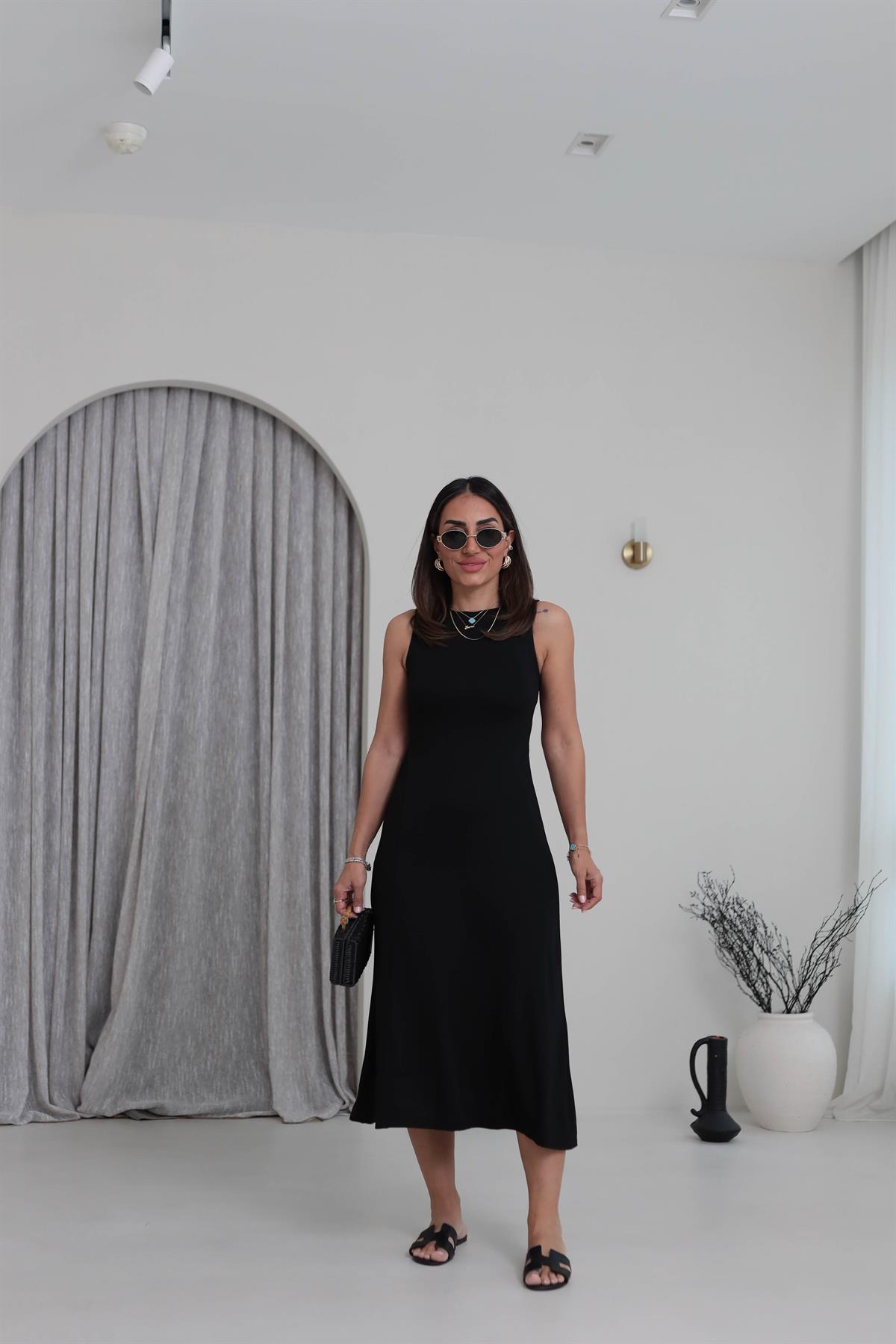 1590 Parçalı Sıfır Kol Midi Elbise SİYAH