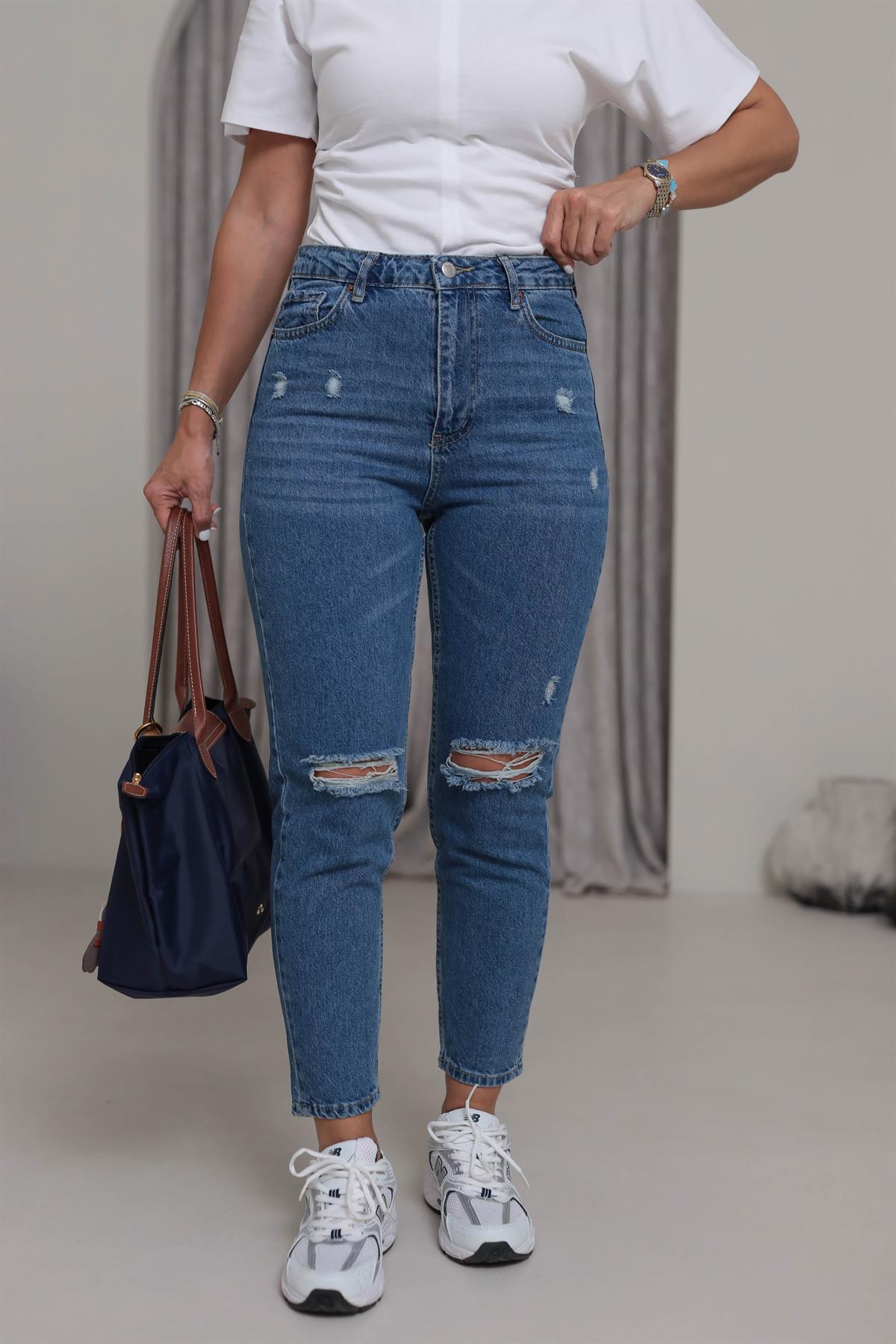 4062 Yüksek Bel Yırtıklı Mom Jean KOYU MAVİ
