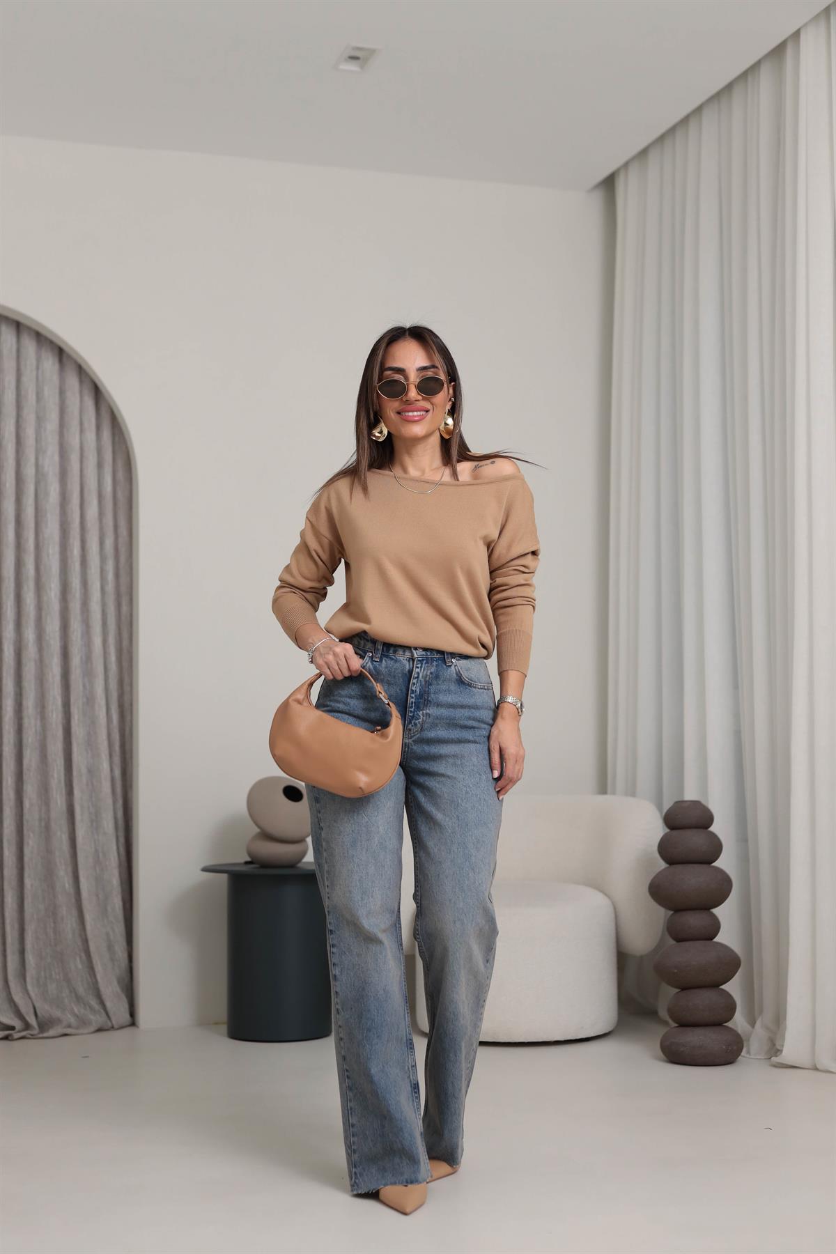 0734 Kayık Yaka T Kol Triko CAMEL