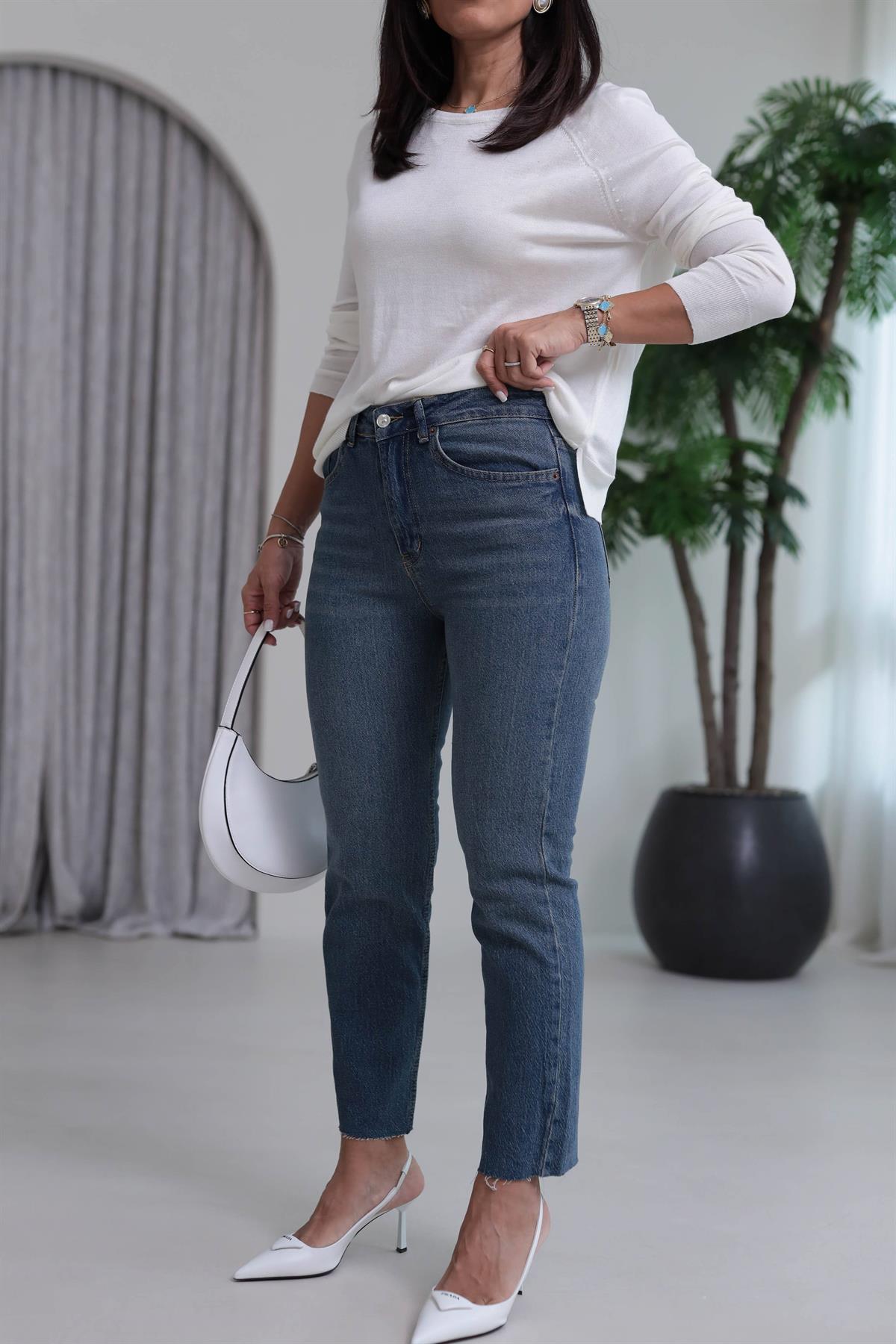 ZA Lazer Kesikli Boyfit Jean TİNTLİ MAVİ