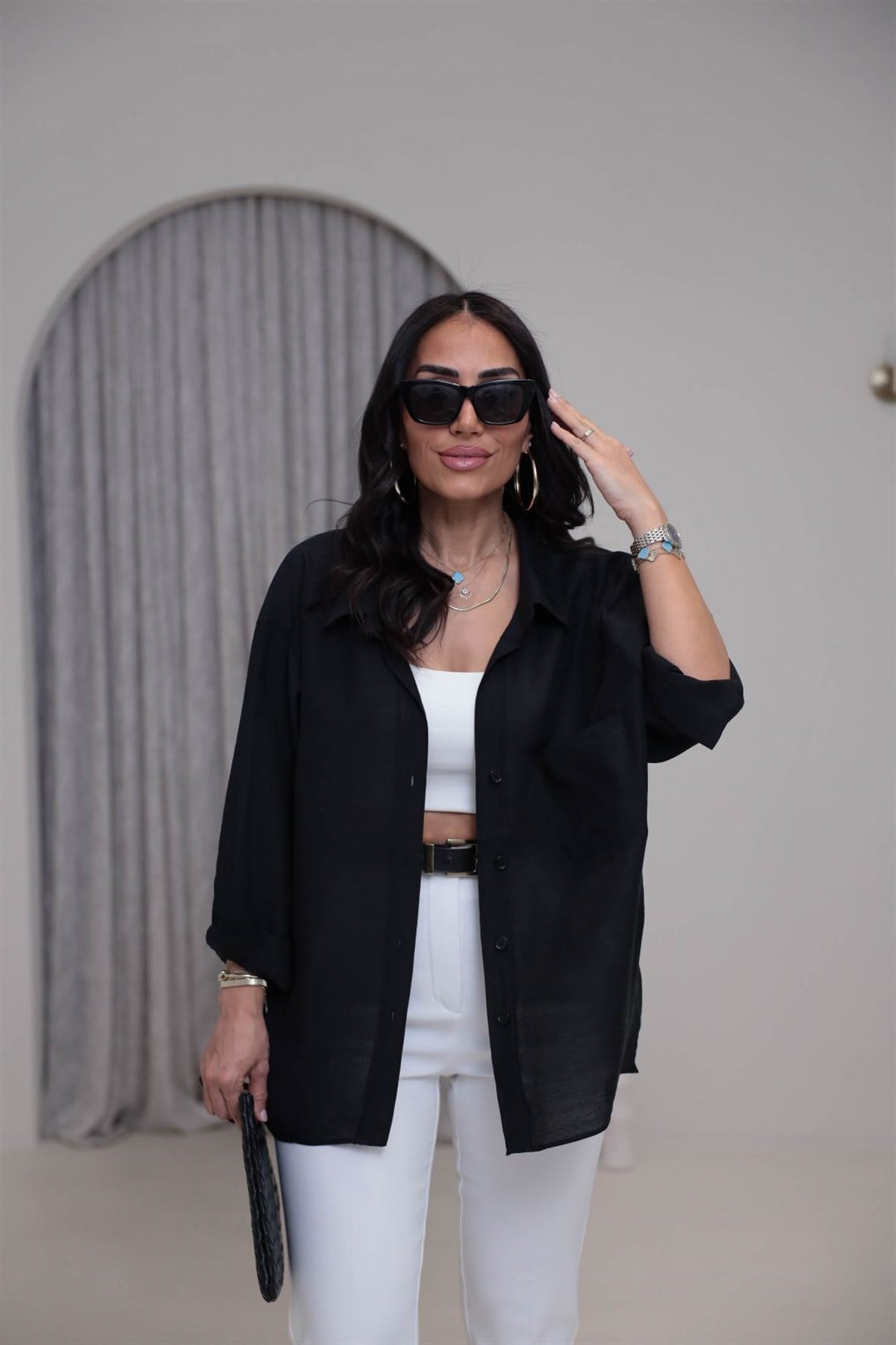 4612Y Tencel Omzu Düşük Oversize Gömlek SİYAH