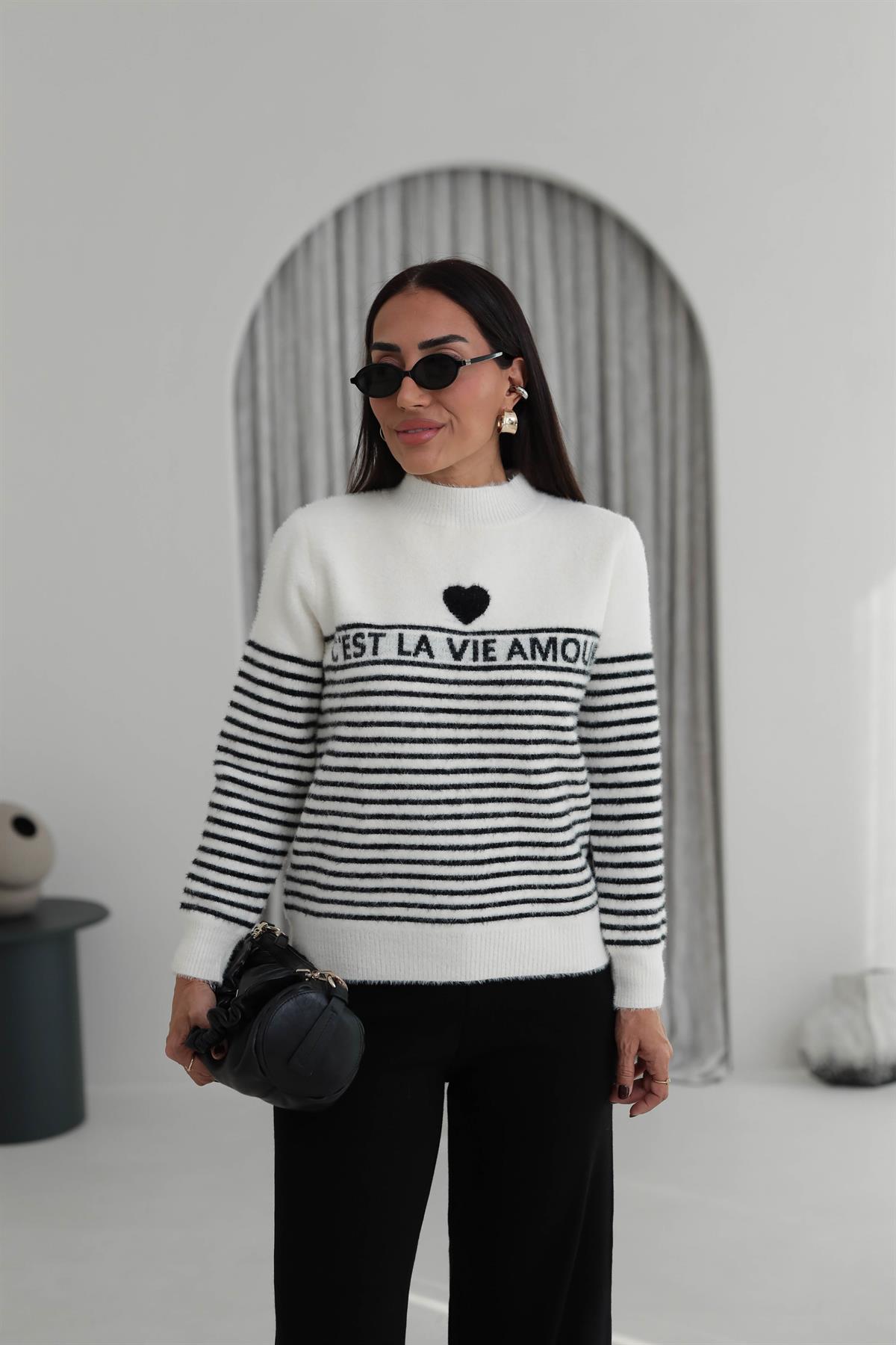 4817 Amour Çizgili Angora Kazak SİYAH