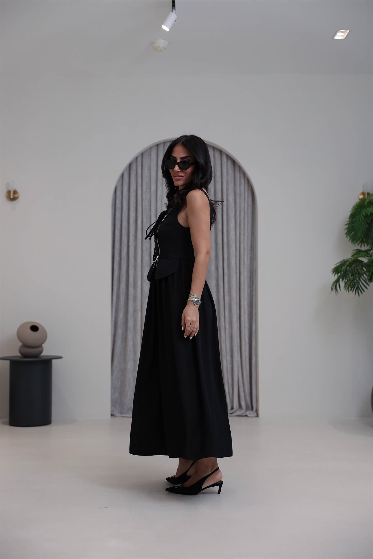 7150 Önü Fermuarlı Askılı Korsajlı Elbise SİYAH