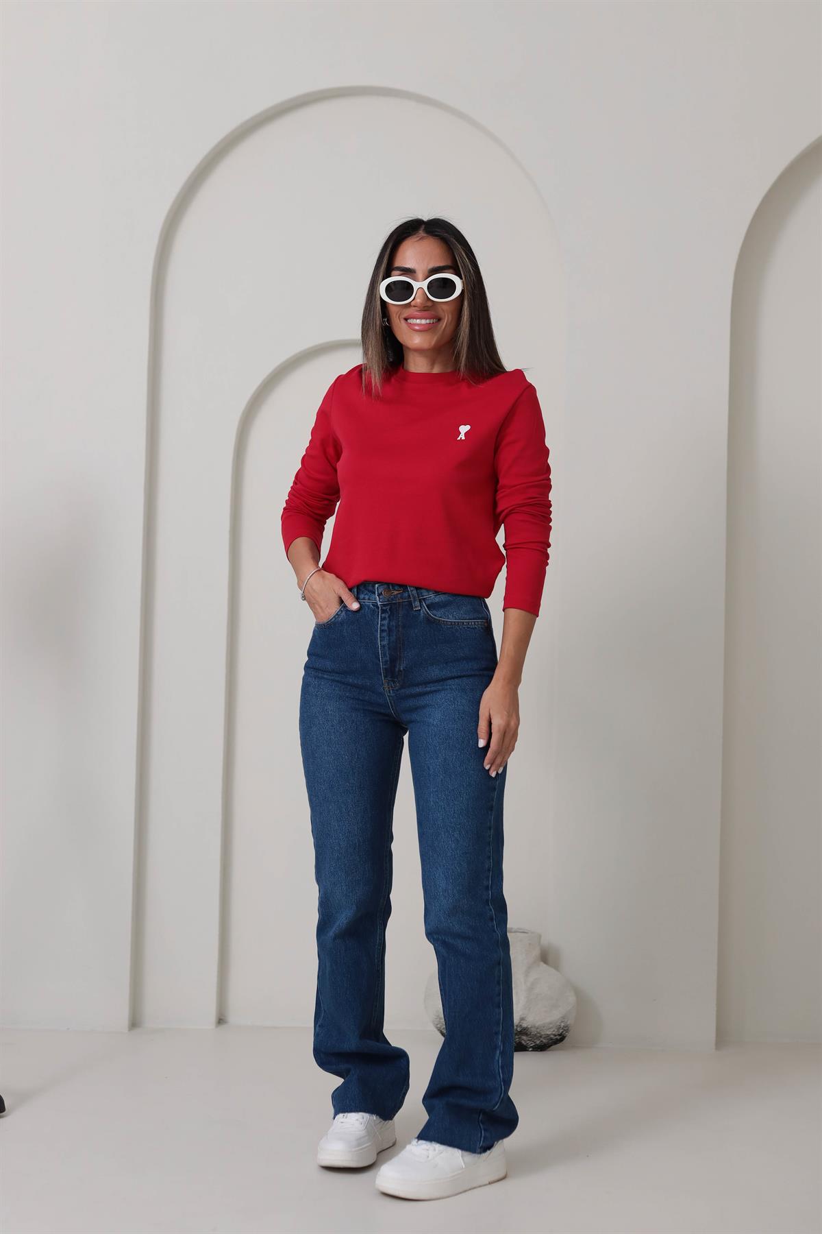 2103 Kalp Nakışlı Tok Doku Uzun Kol Bluz KIRMIZI