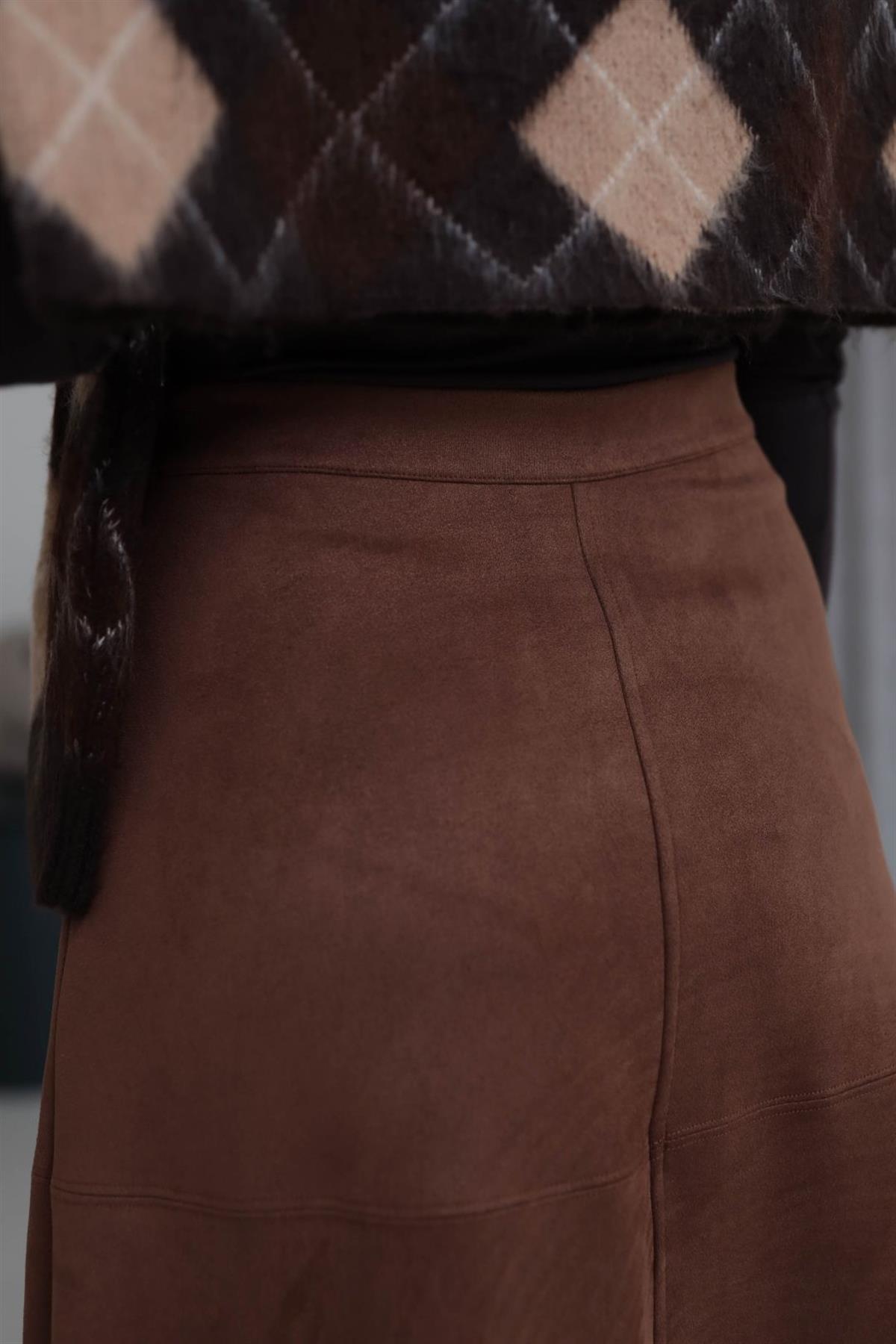 7547 Midi Boy Yüksek Bel Süet Etek TABA