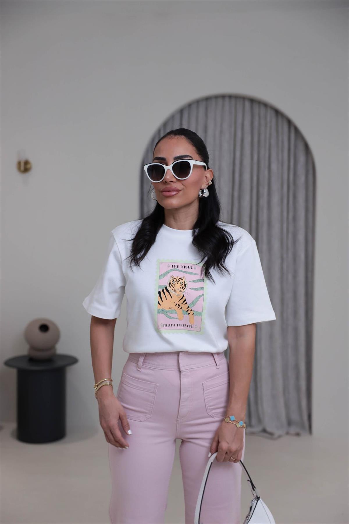 8174 Bisiklet Yaka Kaplan Baskılı Tshirt EKRU