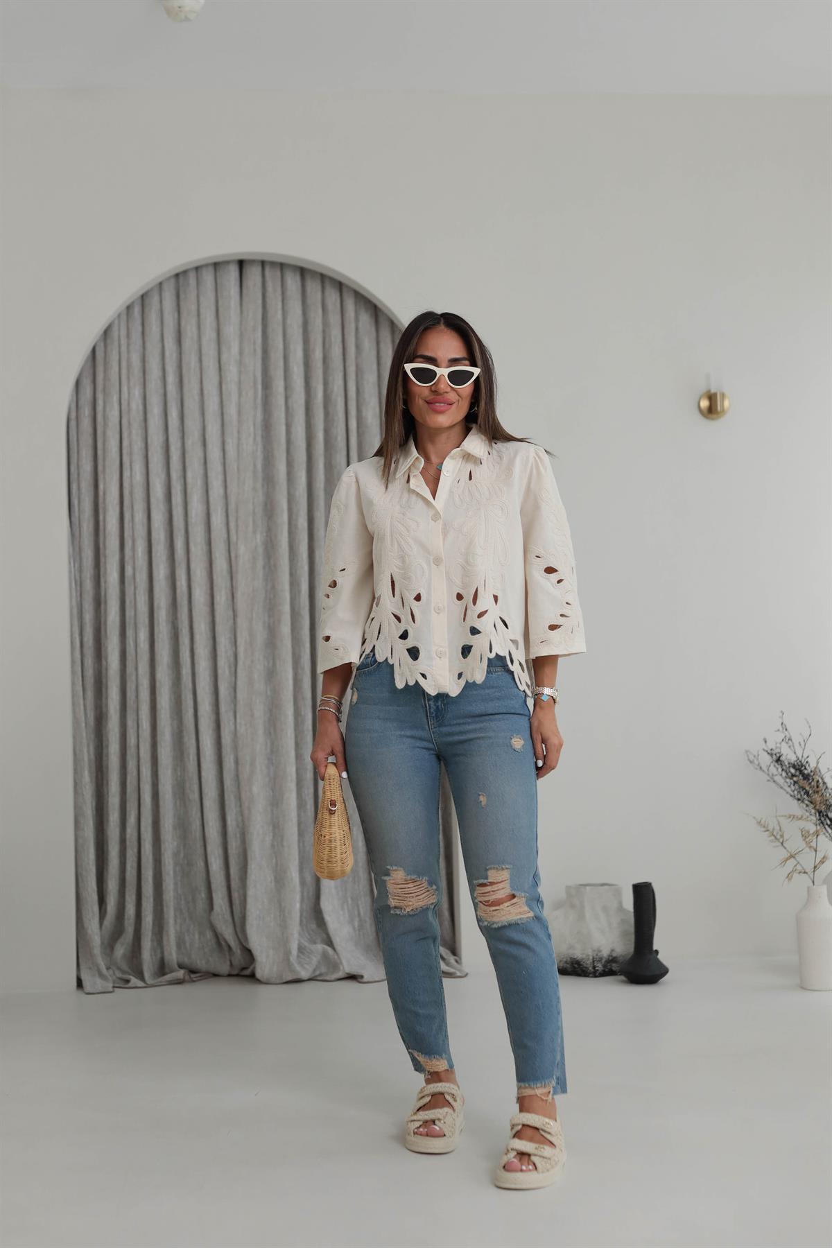 284 Truvakar Kol Lazer Kesim Nakış İşlemeli Koton Gömlek NATURAL