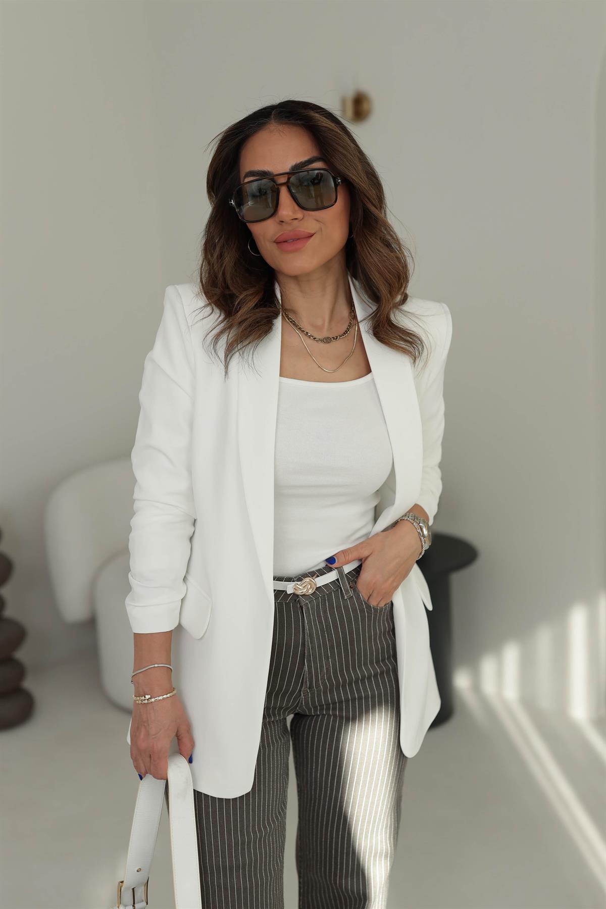 3101K Kol Büzgülü Blazer Ceket BEYAZ