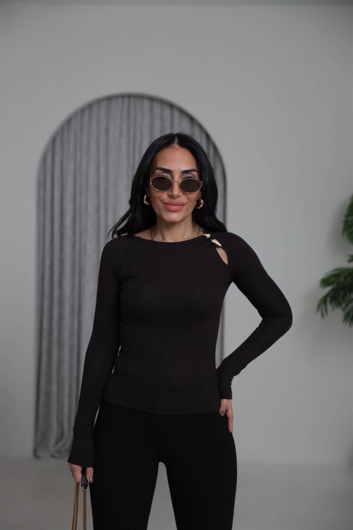 1063 Gold Aksesuarlı Modal Bluz ACI KAHVE