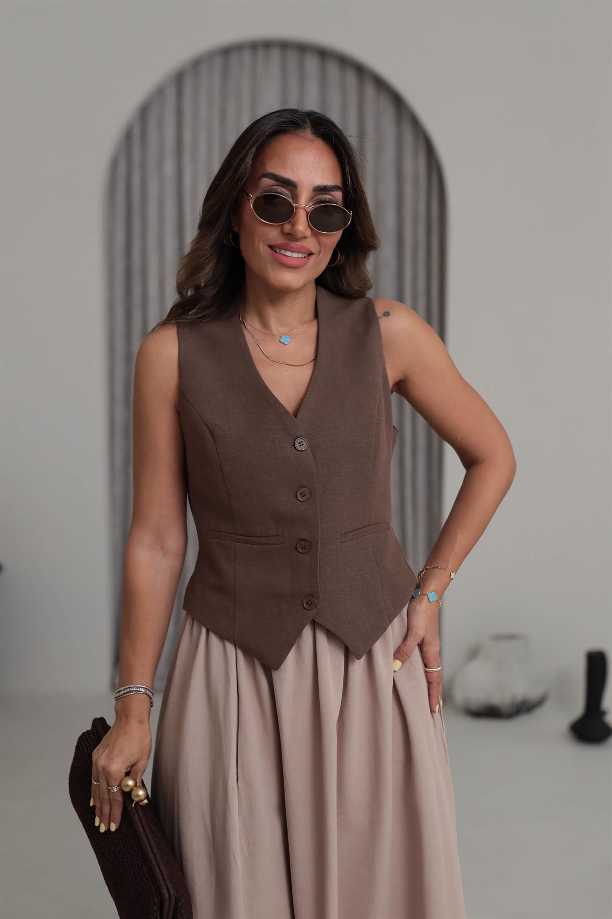 1144 Arka Toka Detay Terni Yelek KAHVE