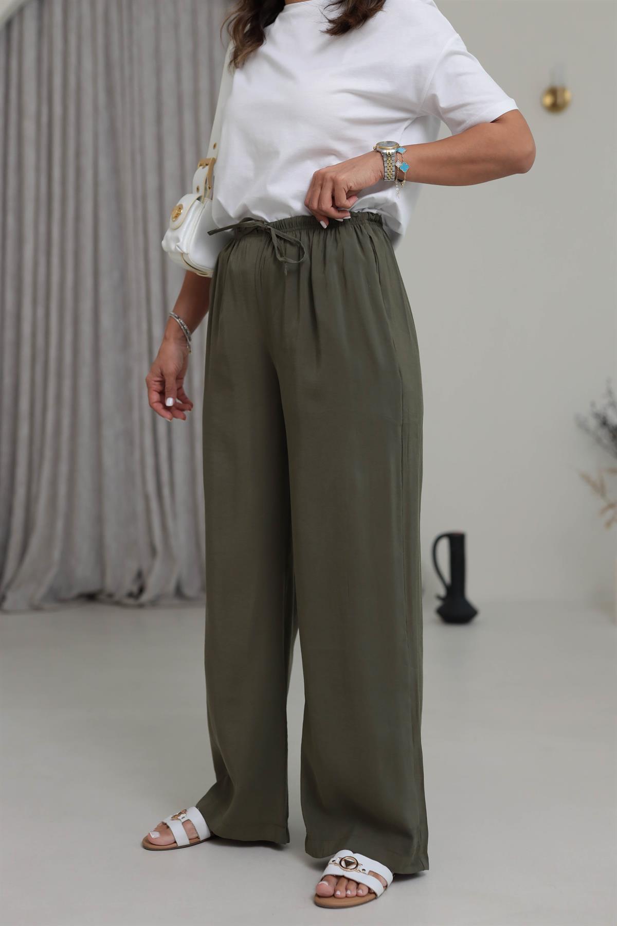 8002 Beli Lastikli Bağcıklı Tencel Pantolon HAKİ YEŞİL