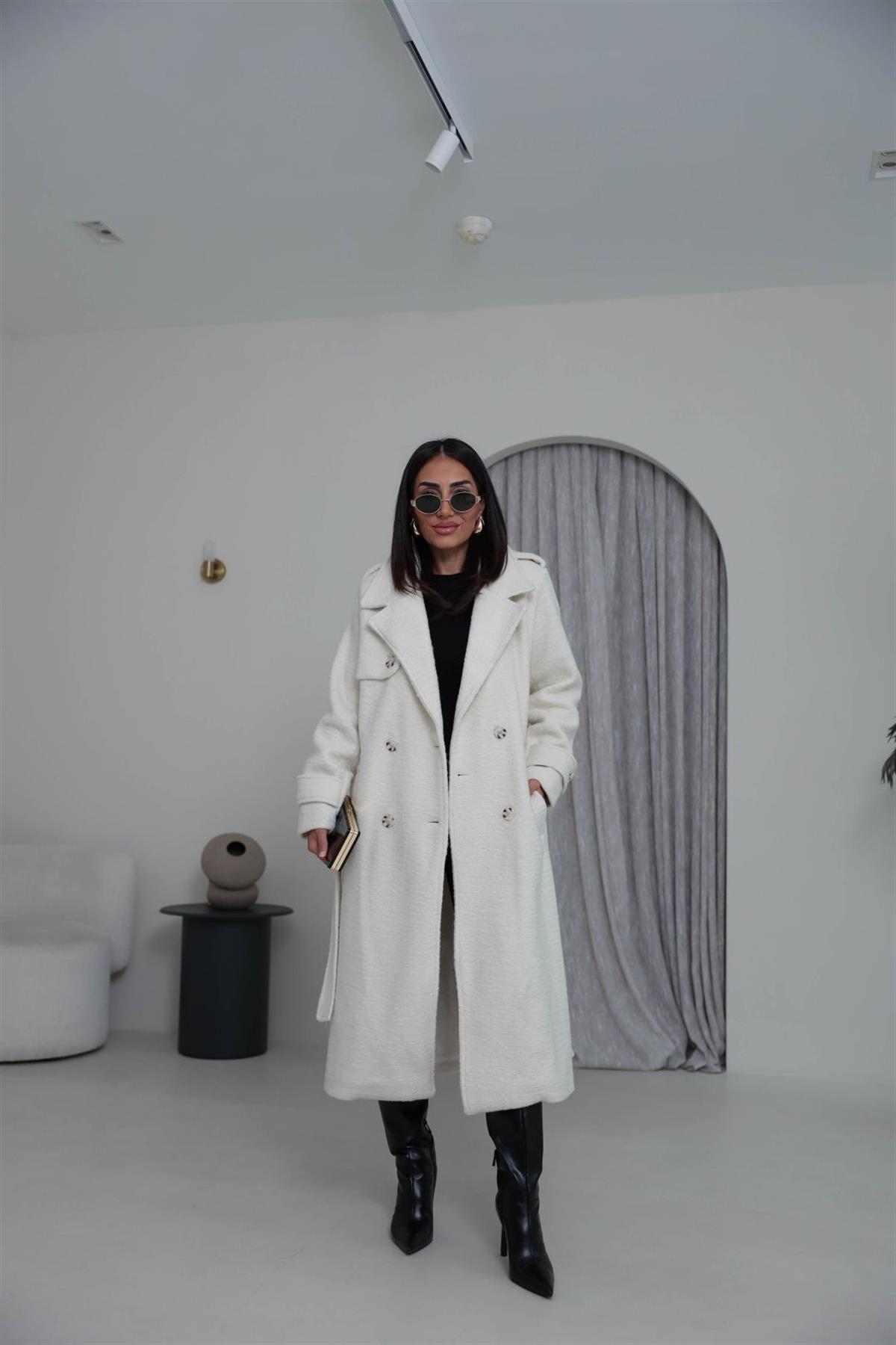 0611 Kuşaklı Apoletli Kaşe Kaban EKRU