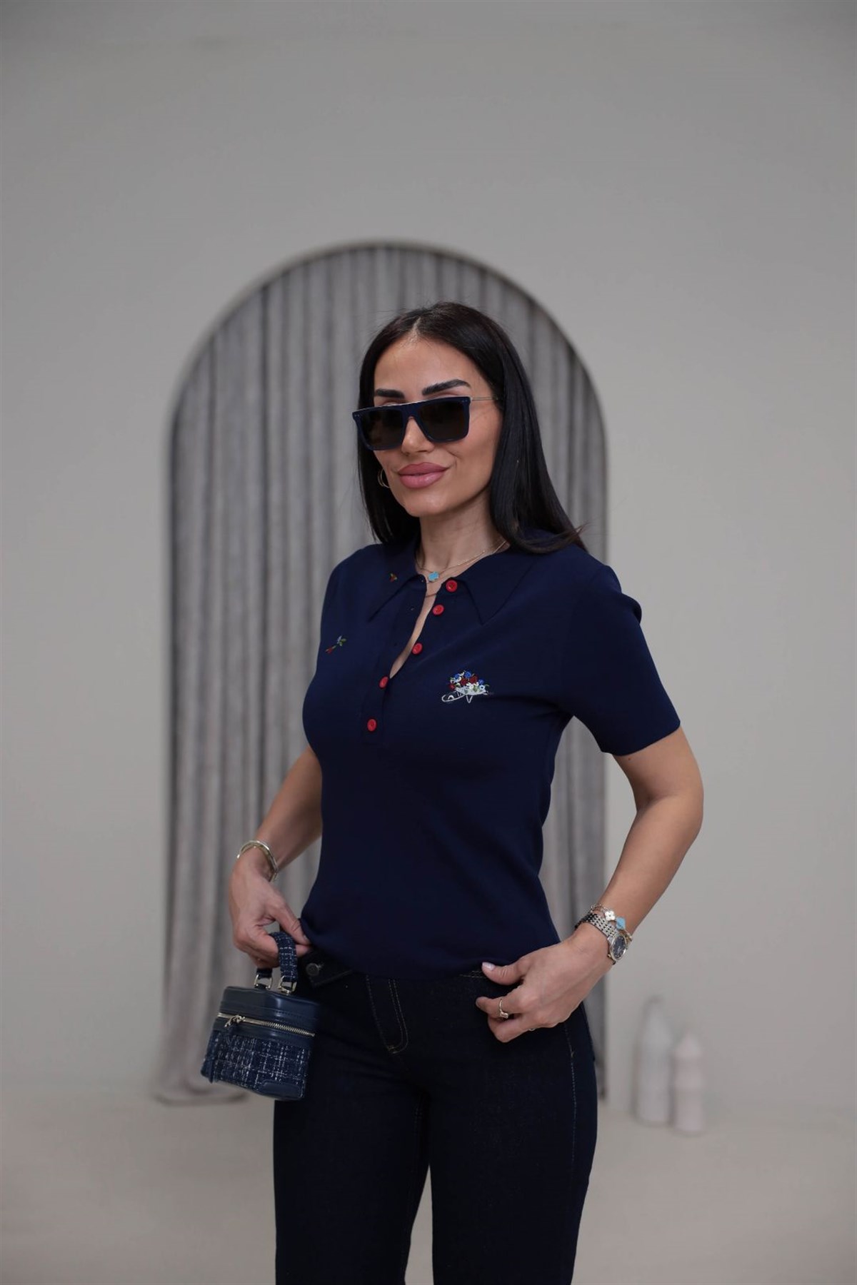 0615 Çiçek Nakış Detay Polo Yaka Kısa Kol Triko LACİVERT