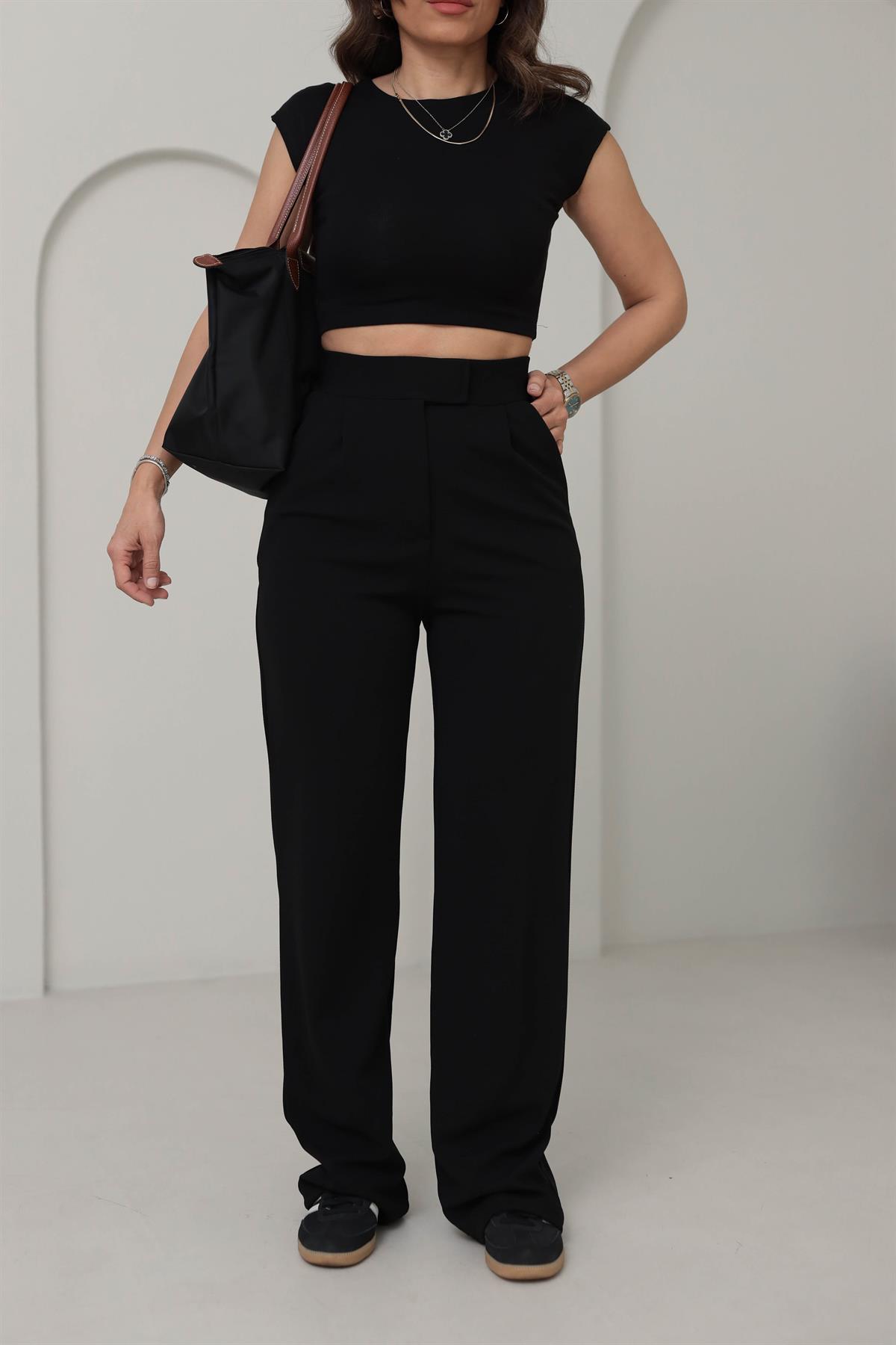 3826 Likralı Cırtlı Palazzo Pantolon SİYAH