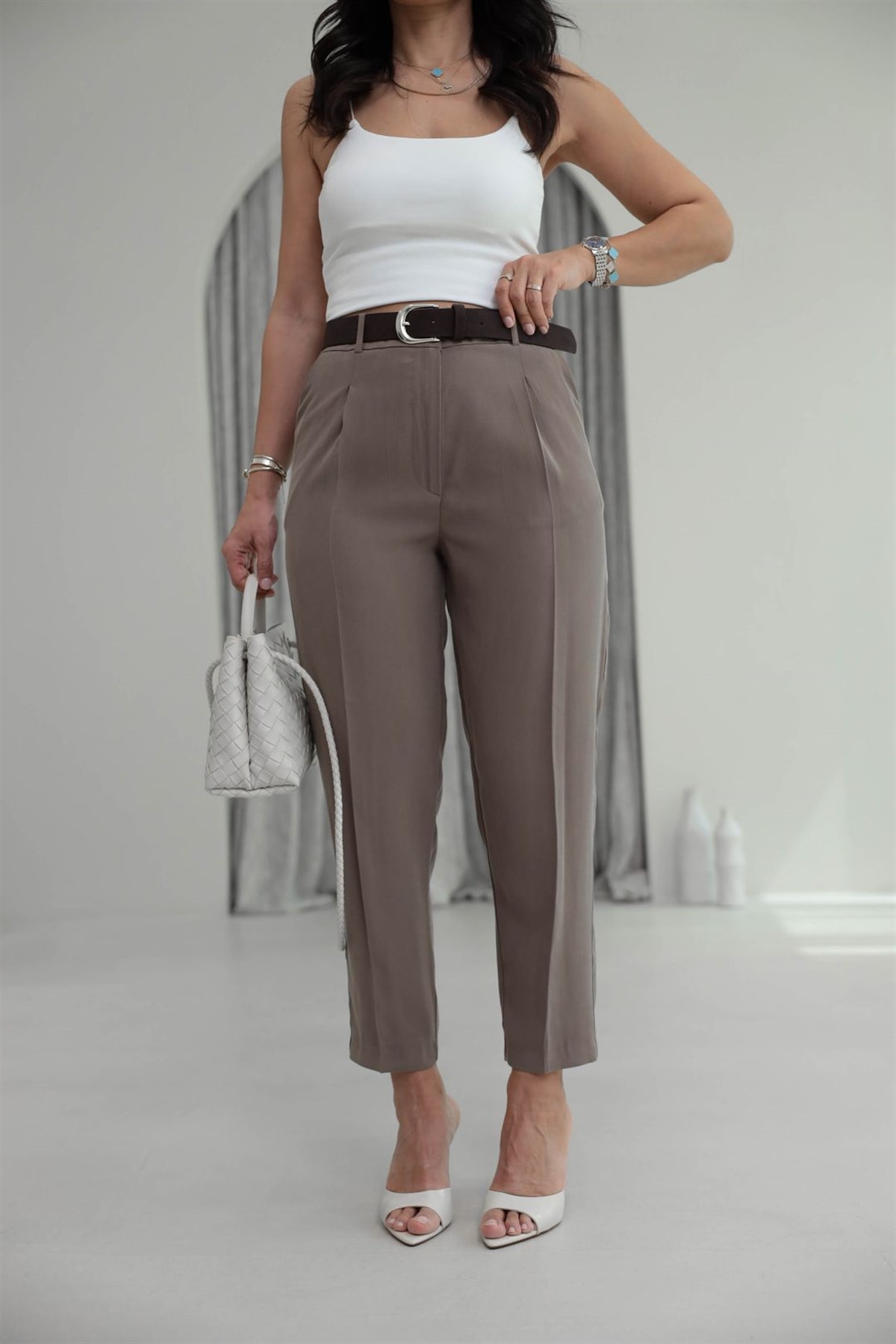 7544 Kemer Detaylı Tencel Kumaş Smart Pantolon KAHVE