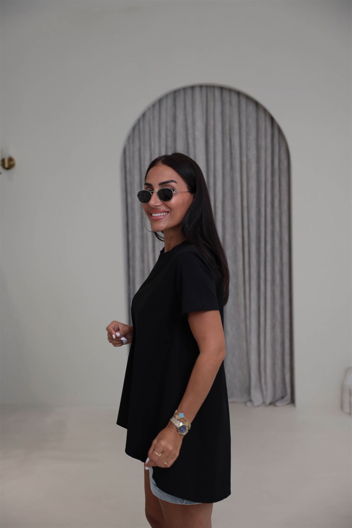 8745 Poplin Kumaş Garnili Bisiklet Yaka Tshirt SİYAH