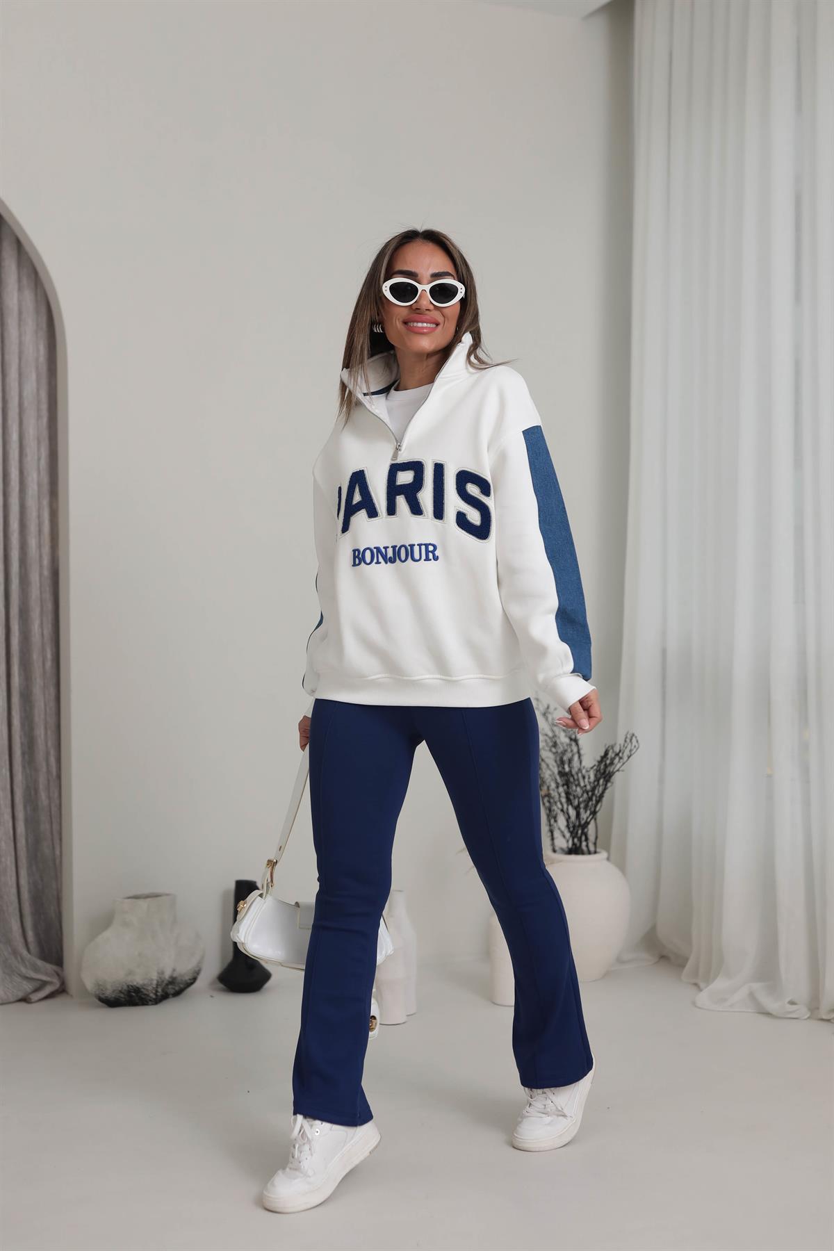 5642 Paris Denim Detay Şardonlu Sweatshirt EKRU