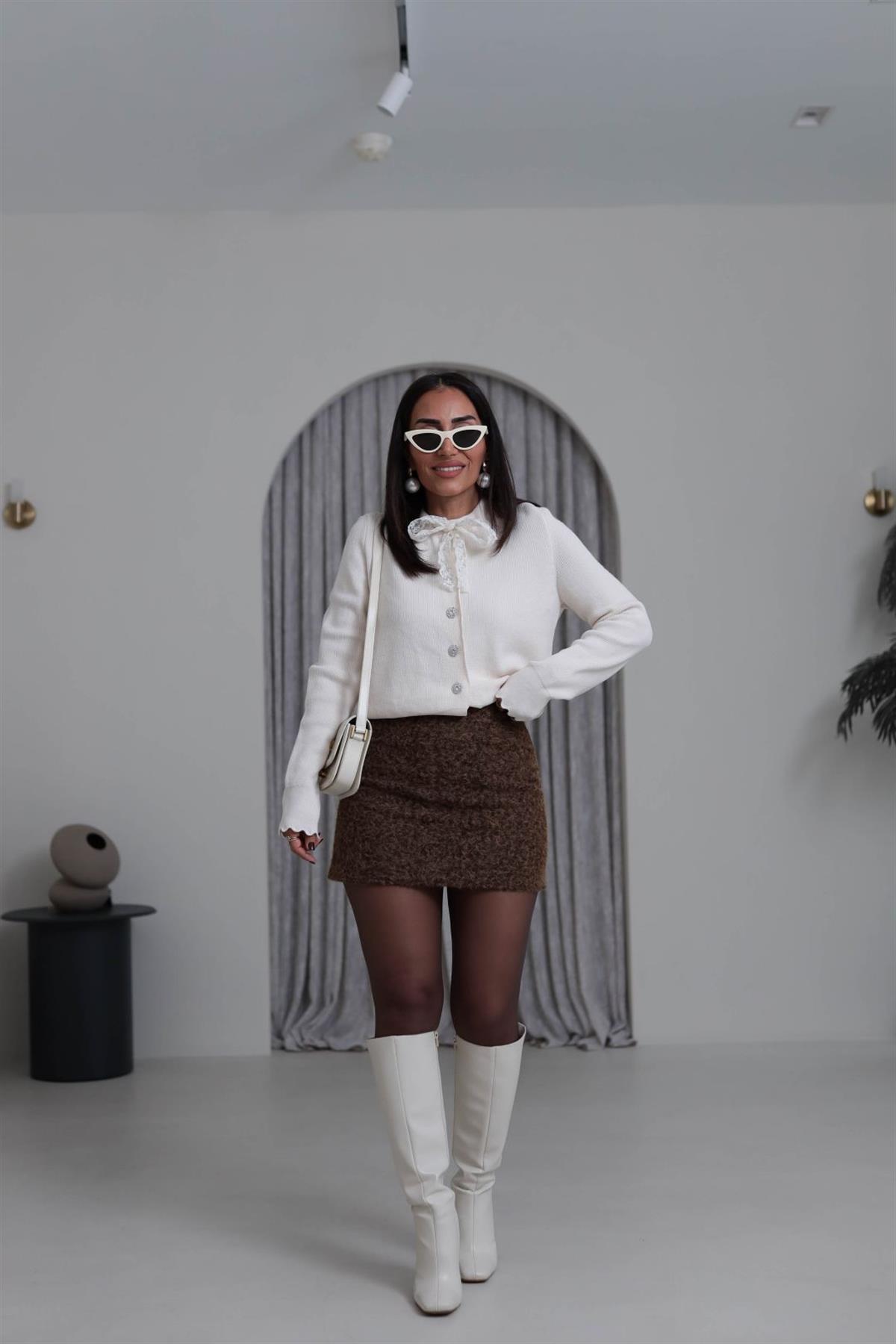 8405 Yünlü Astarlı Mini Etek KAHVE