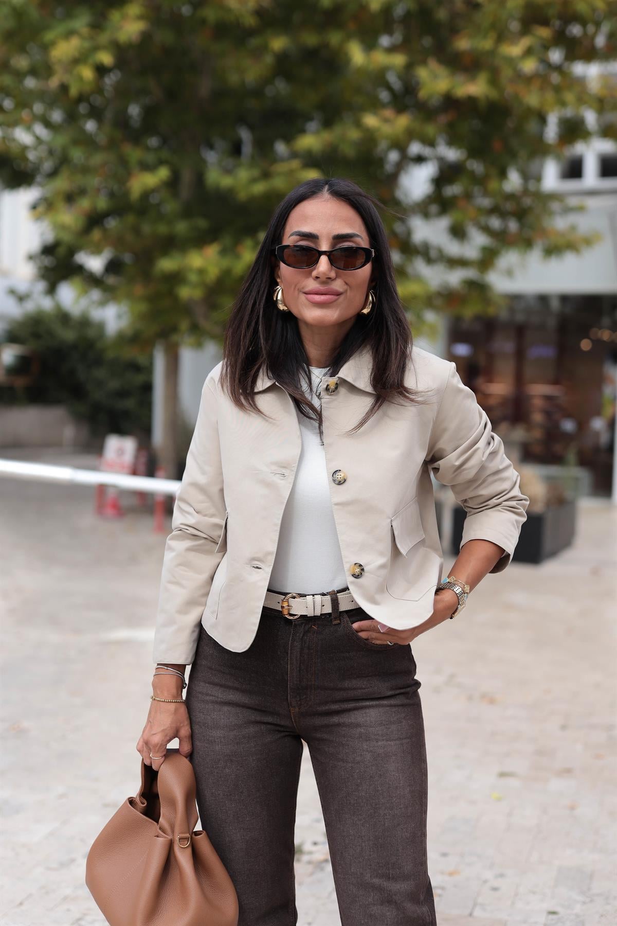 0163 Cep Kapaklı Kısa Trençkot Ceket TAŞ