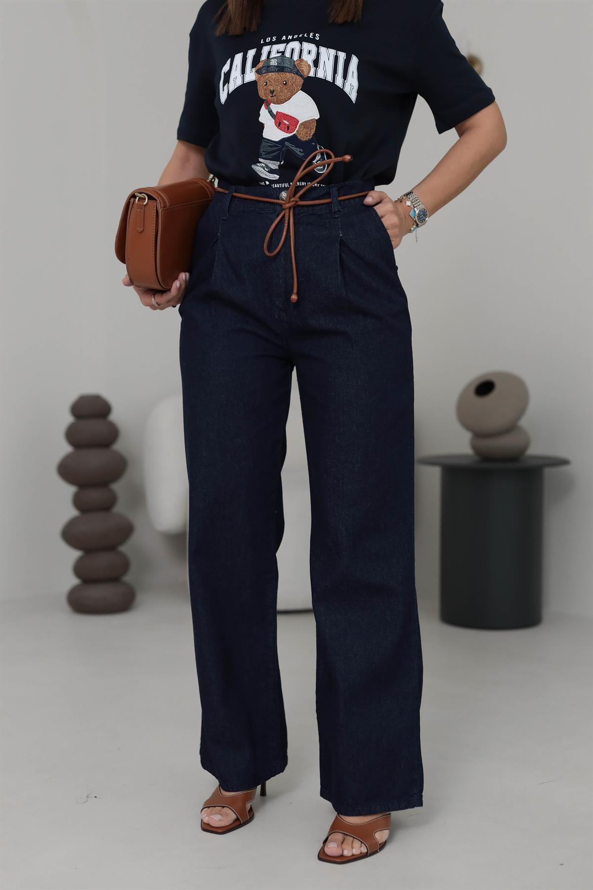 3516 Deri Kemerli Pensli Paça Palazzo Jean Pantolon KOYU LACİ