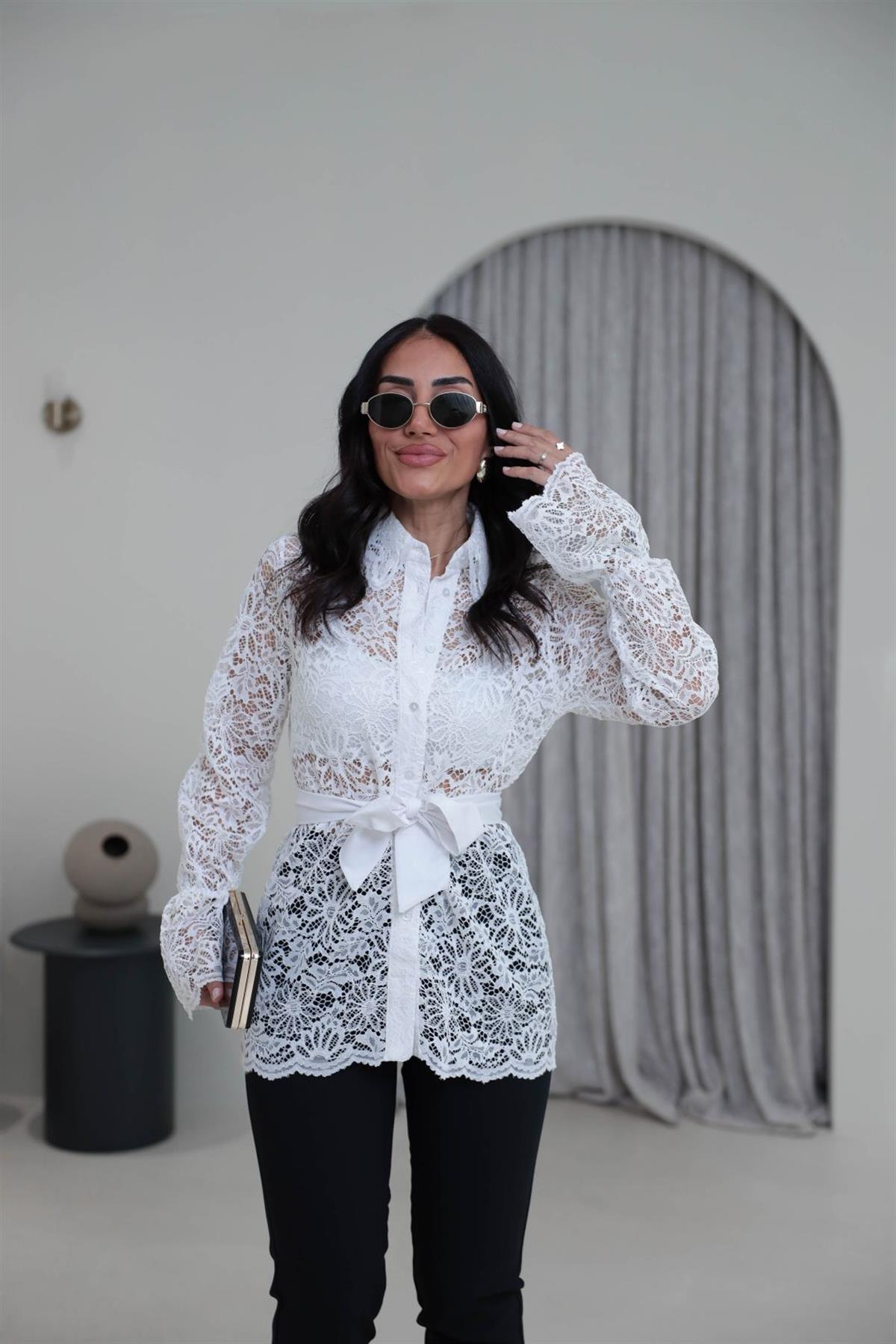 3152 Kuşaklı Dantel Gömlek BEYAZ