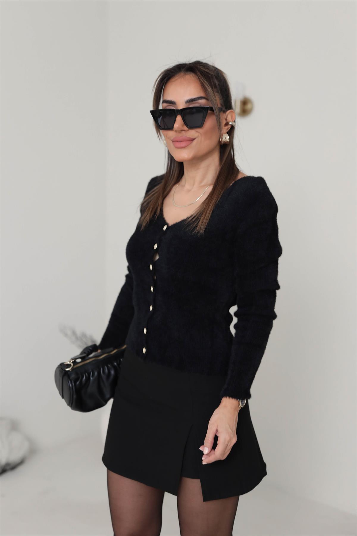 540K V Yaka Mini Düğmeli Yumoş Hırka SİYAH