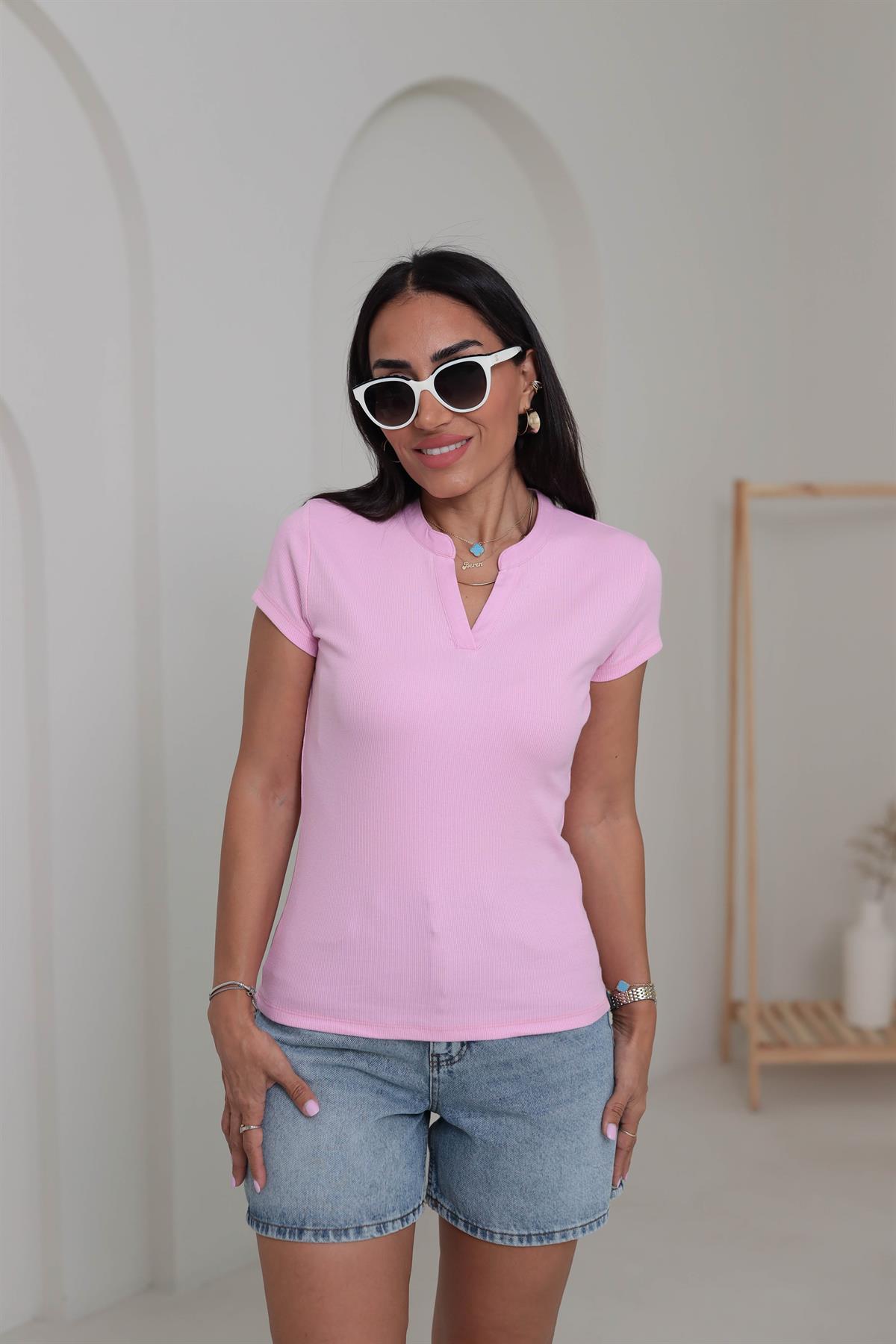 6773 Ribanalı V Yaka Kısa Kol Bluz PEMBE
