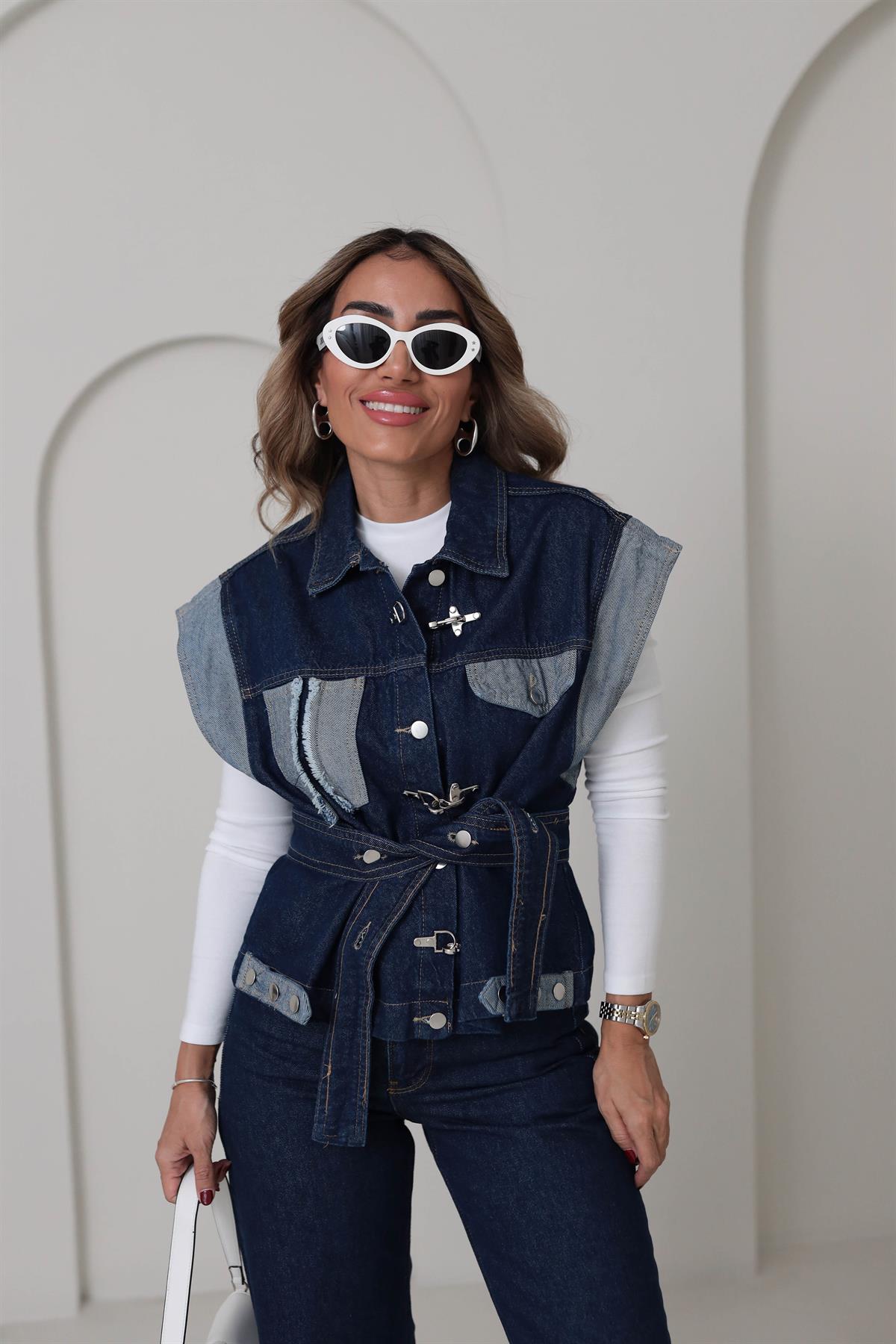 5436 Tasarım Kot Yelek MAVİ