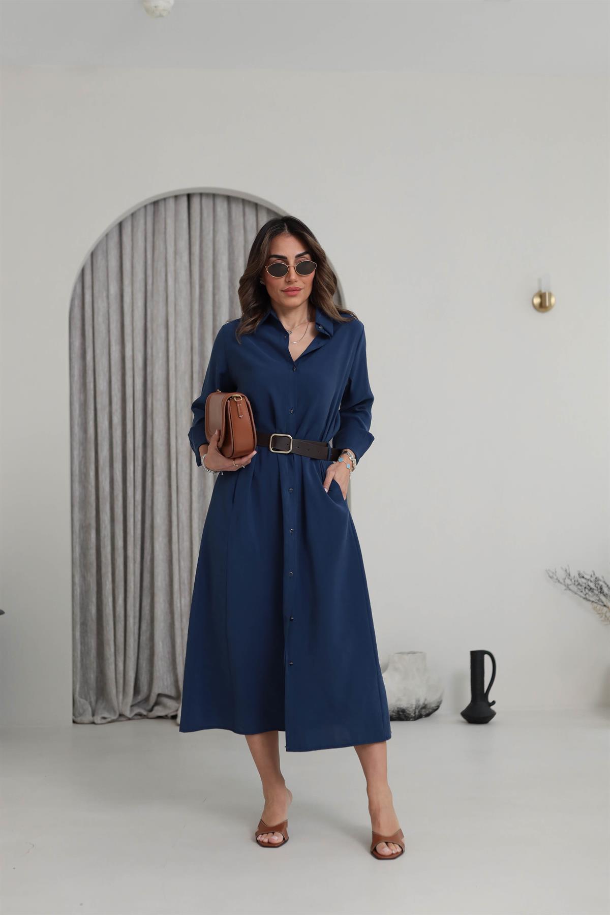 0286 Gold Düğmeli Tencel Gömlek Elbise LACİVERT