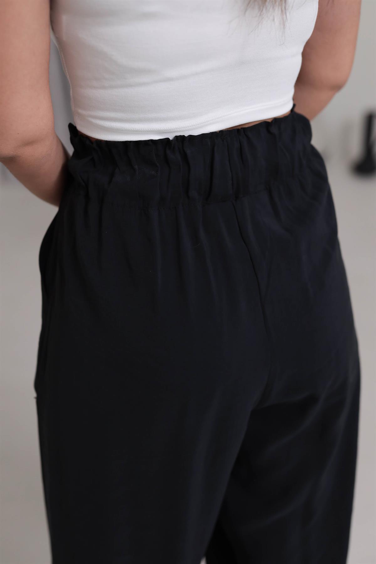 0165 Yüksek Bel Lastikli Bol Paça Tencel  Pantolon SİYAH