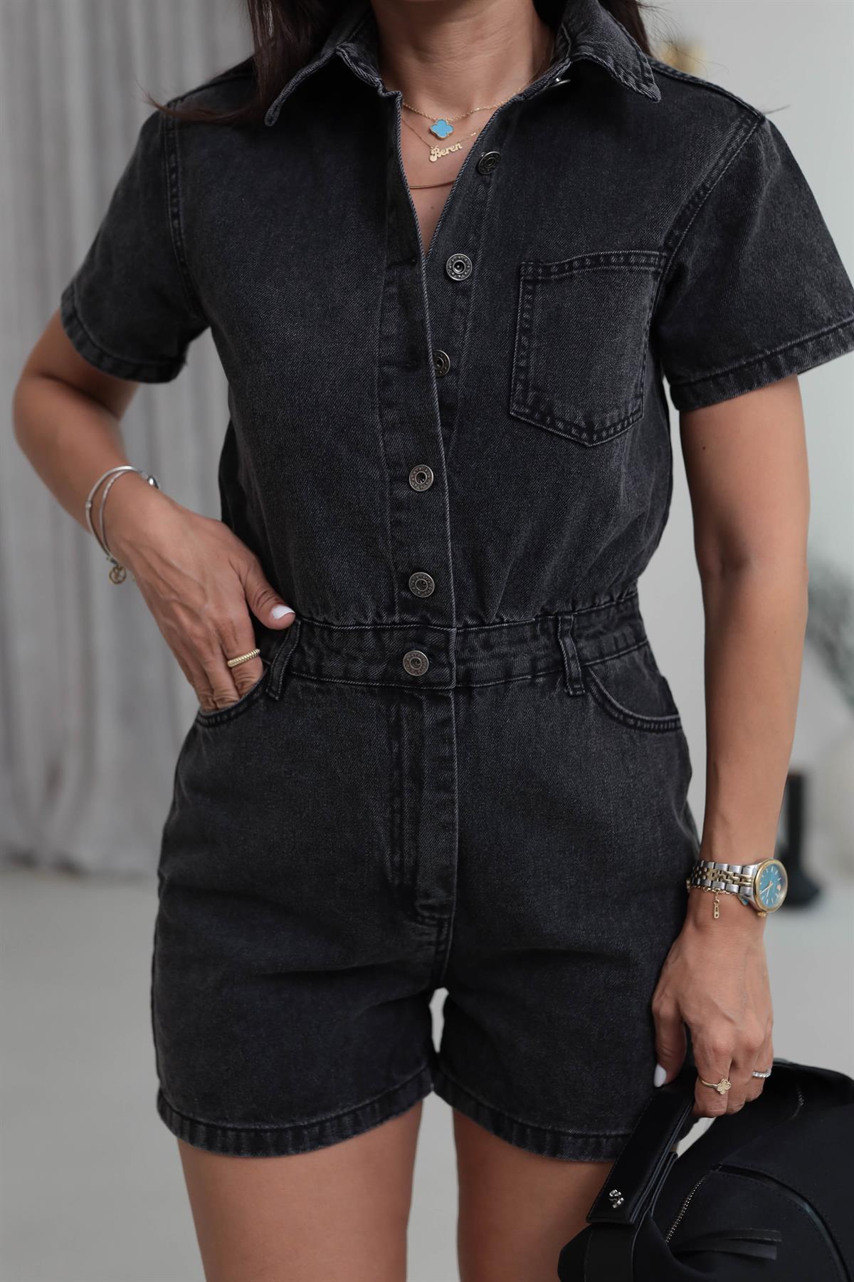 068 Kısa Kol Cep Detaylı Jean Tulum SİYAH