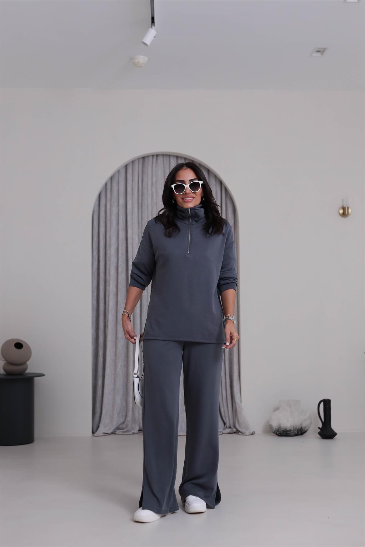 Yanları Yırtmaç Detaylı Yarım Fermuarlı Modal Takım ANTRASİT