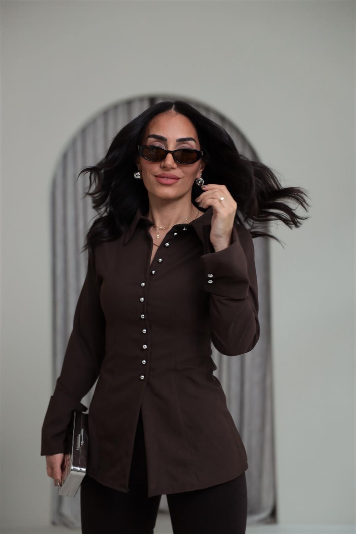 1289 Kol Manşetli Tasarım Gömlek KAHVE