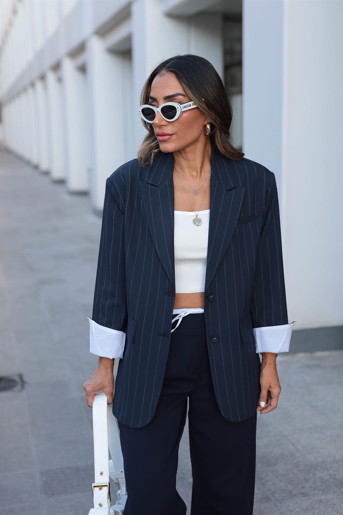 6176 Çizgili Çift Düğme Kolları Katlamalı Ceket LACİVERT