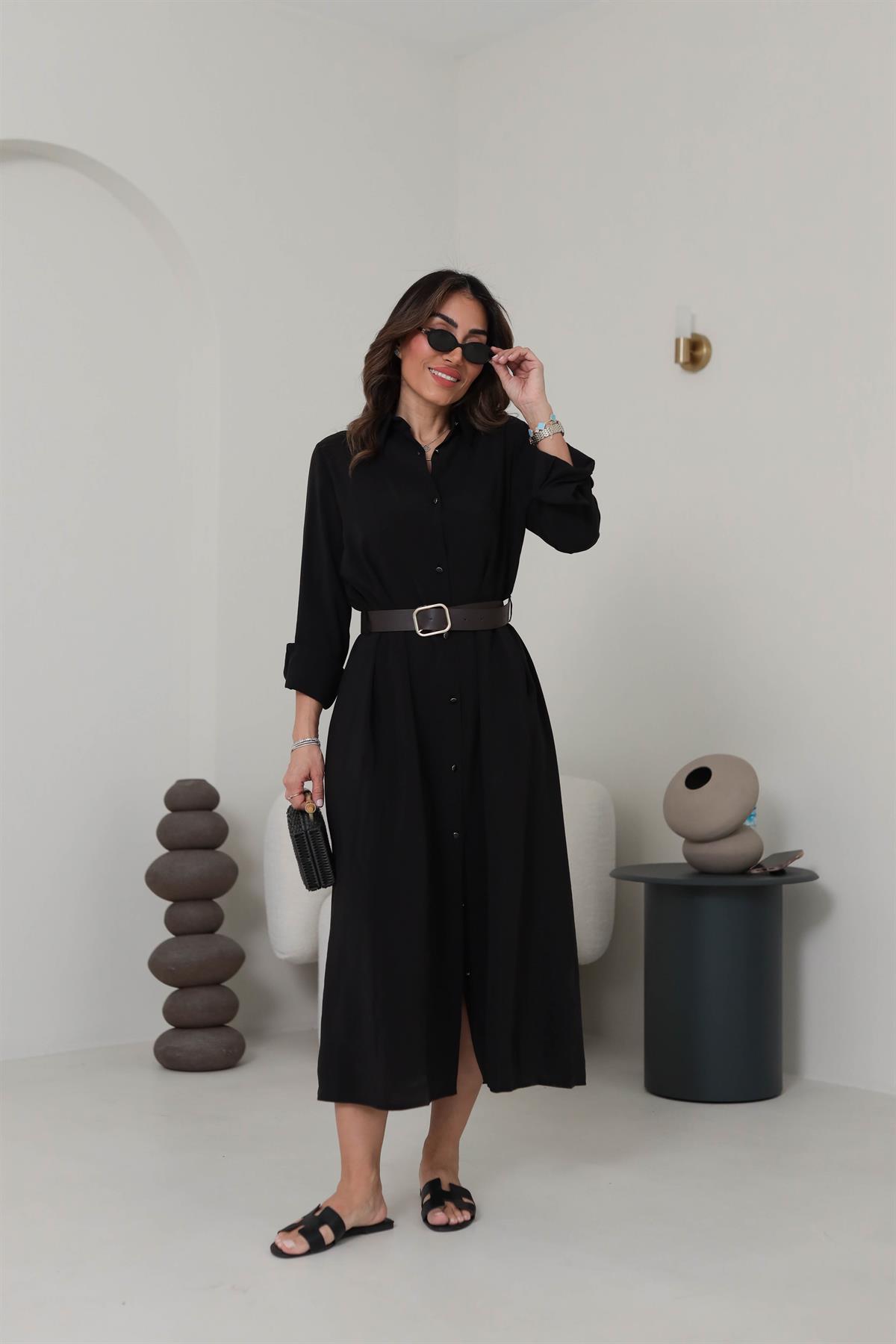 0286 Gold Düğmeli Tencel Gömlek Elbise SİYAH